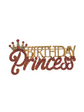 Decorative brooch with 'Birthday Princess' text and crown design on a white background