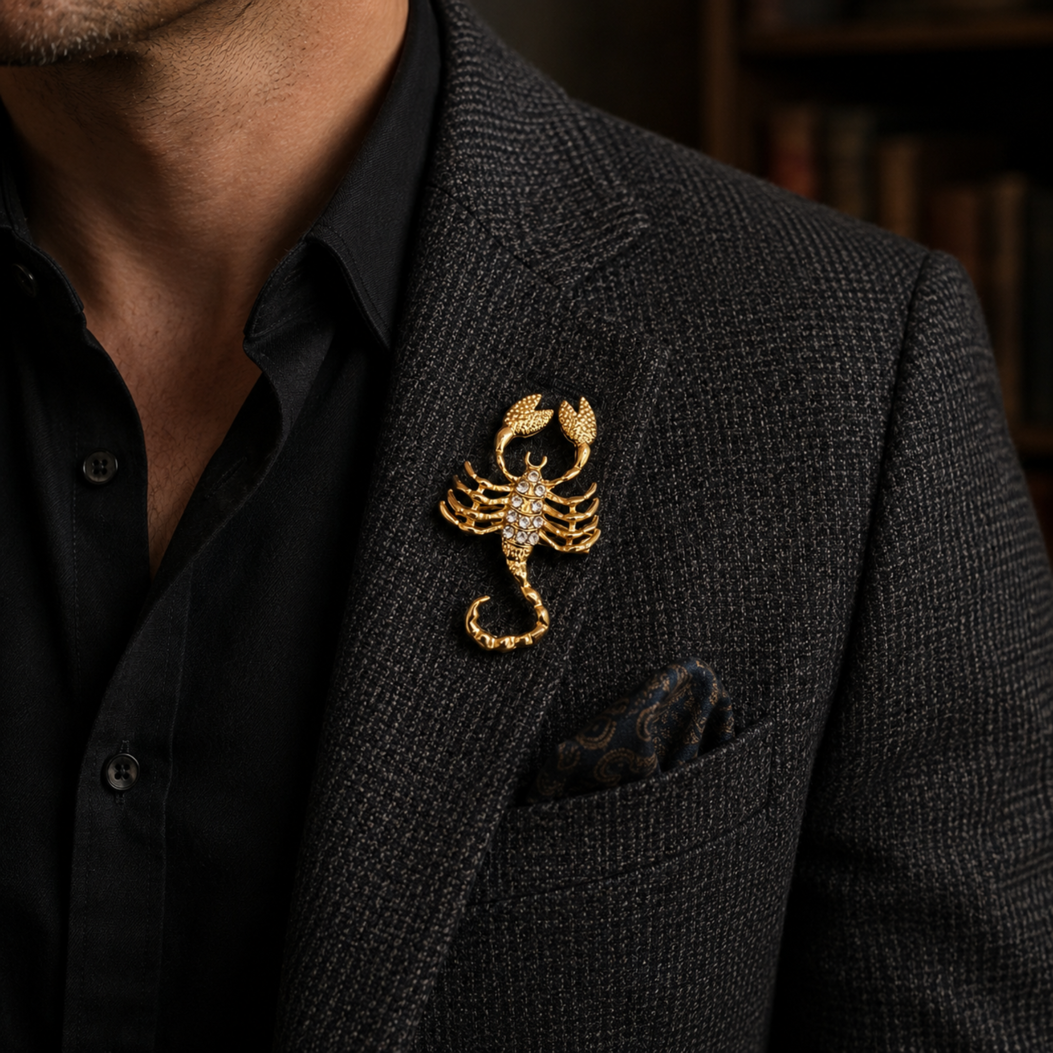 A gold-toned scorpion brooch pin displayed on a textured charcoal gray blazer with a black dress shirt underneath.