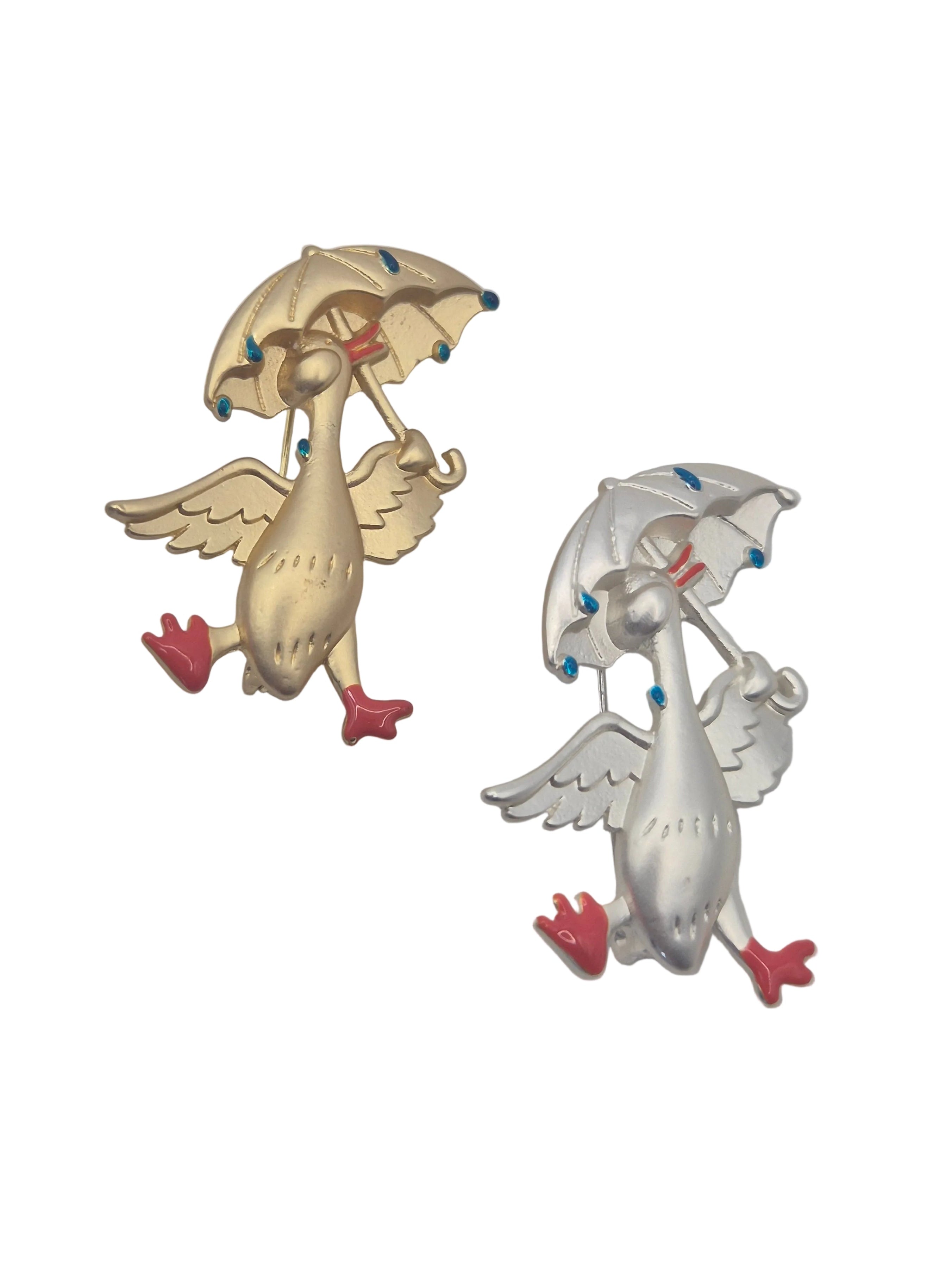 Duck Holding Umbrella Brooch Gold or Silver Tone