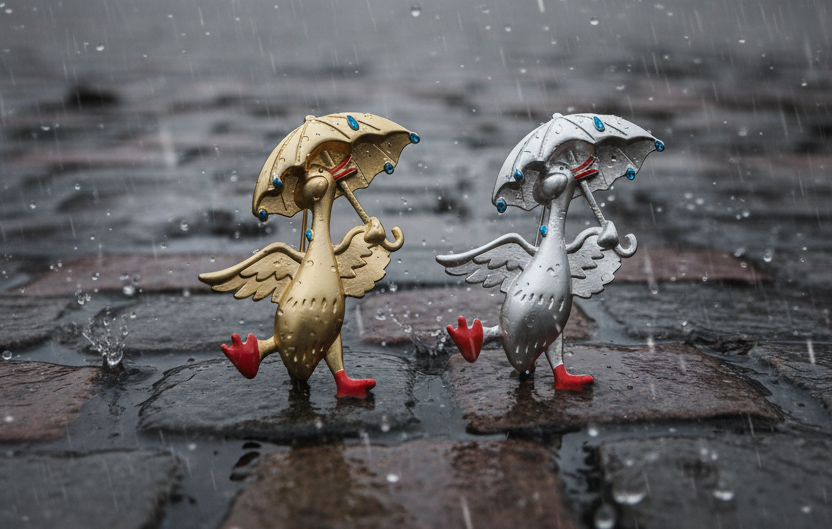 Gold and silver ducks holding umbrellas with rainy day background 