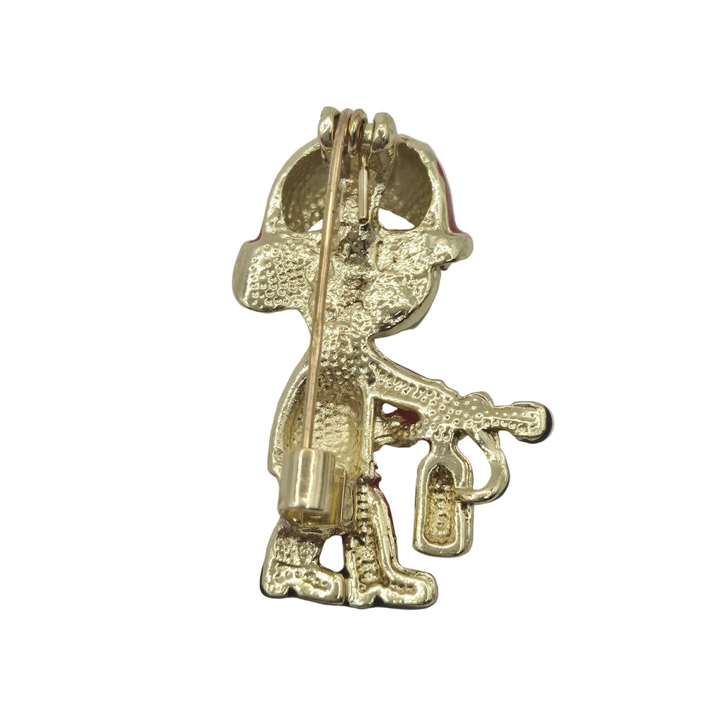 A gold firefighter brooch pin showing the reverse side with a push back pin mechanism. Displayed against a plain white background.