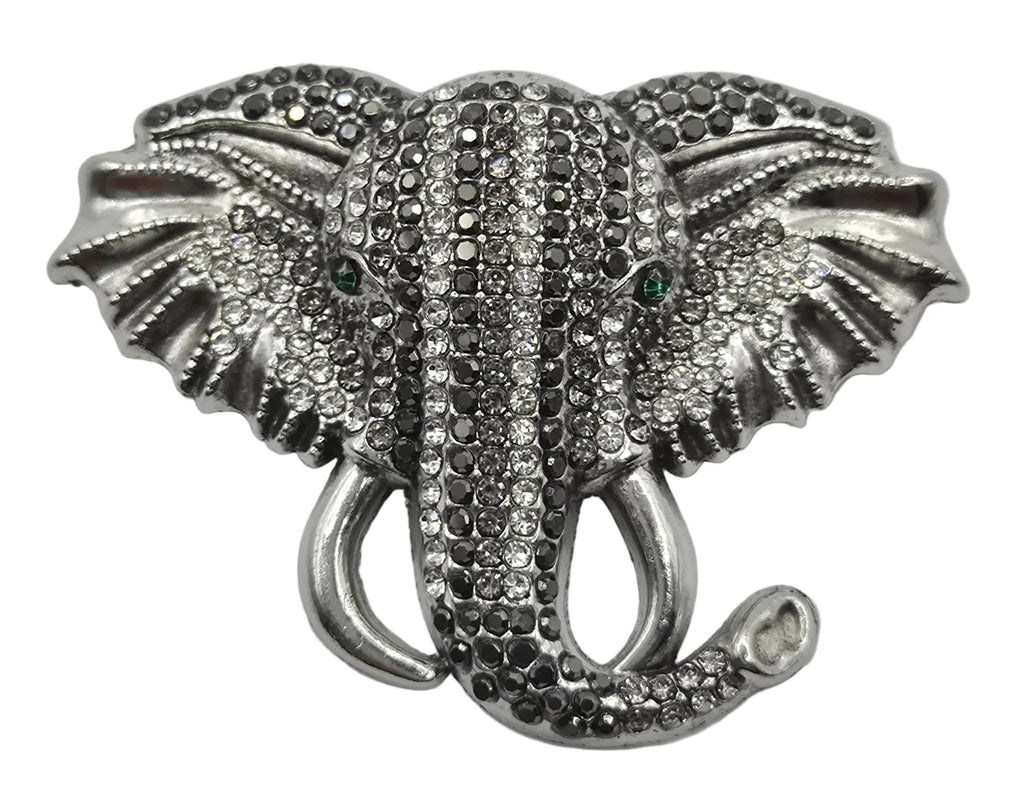 Silver elephant brooch with crystal rhinestone detailing front view