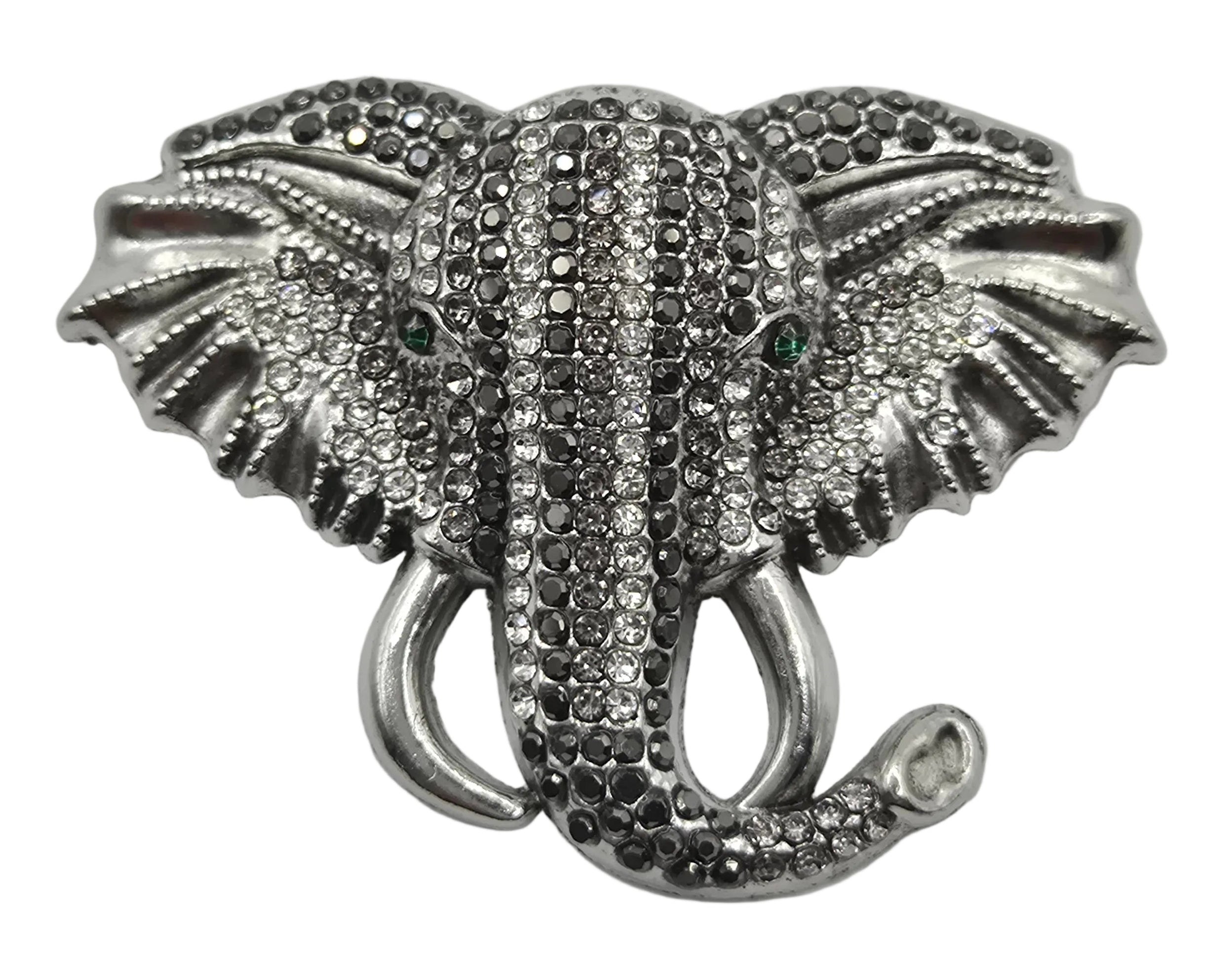 Silver elephant brooch with crystal rhinestone detailing front view