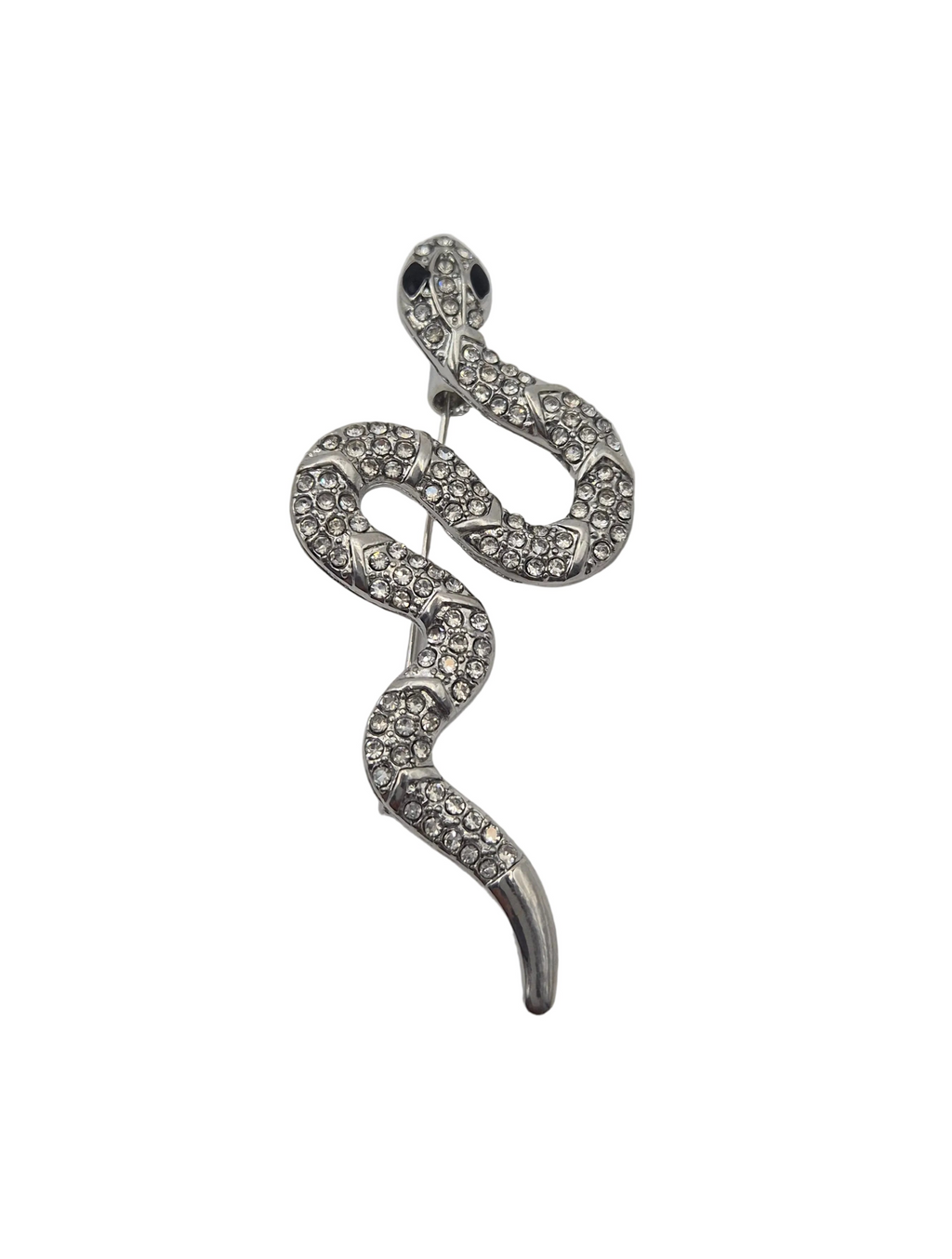 A silver snake-shaped brooch embellished with clear rhinestones, shown against a plain white background.