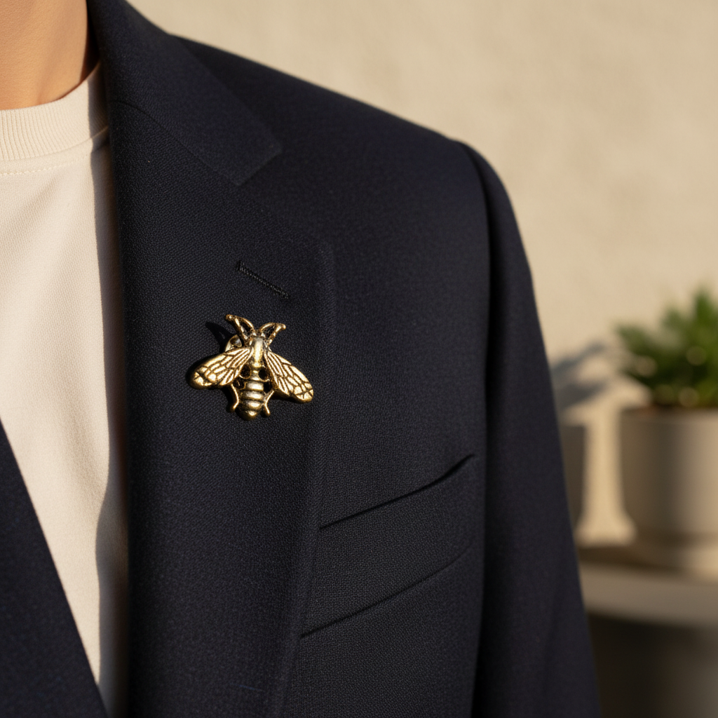 A gold bee-shaped lapel pin pinned to the chest pocket of a navy blazer worn over a cream shirt, with a softly blurred indoor background.