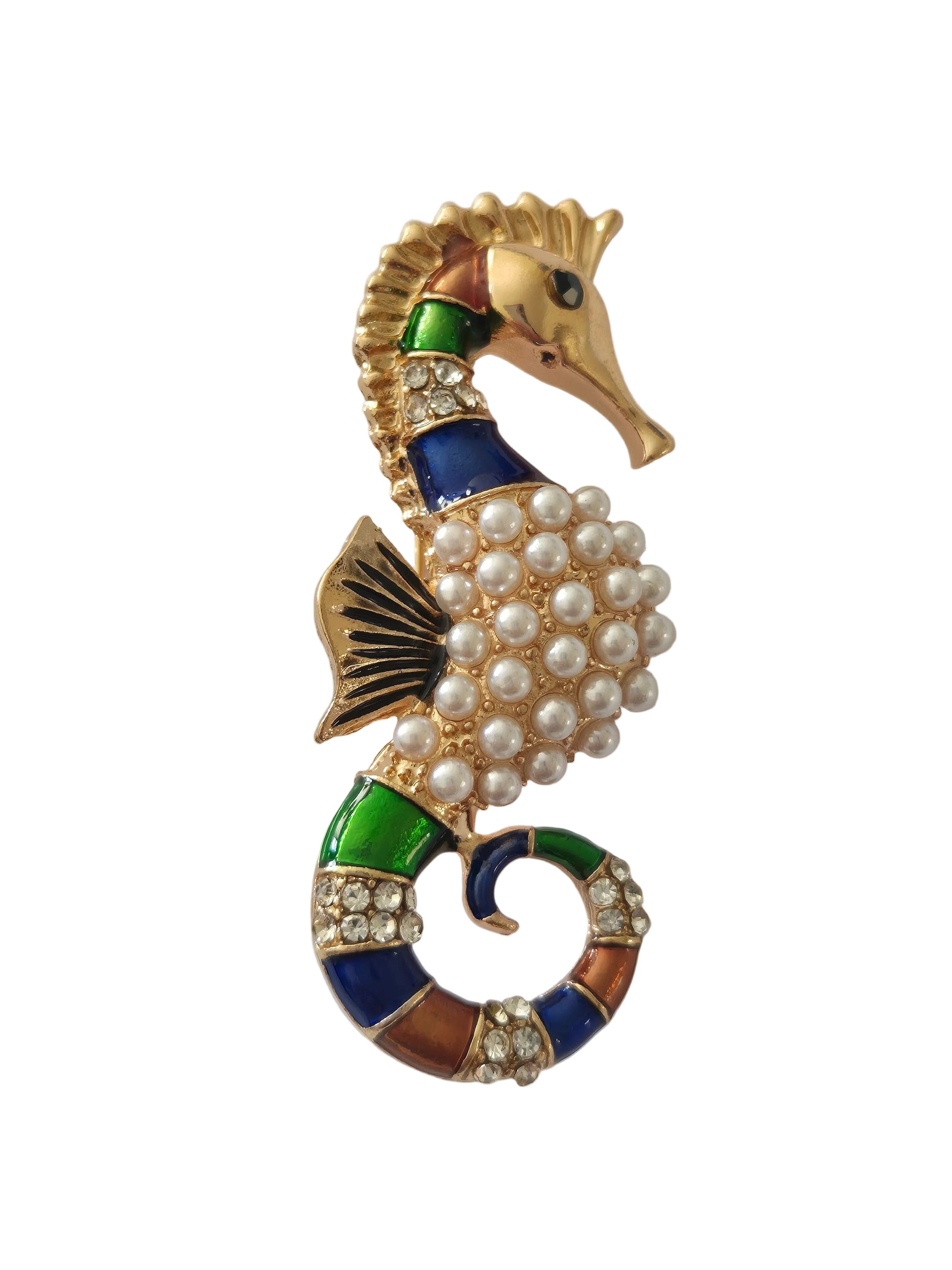 seahorse brooch with pearl and gemstone accents on a light gray background