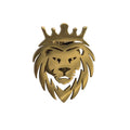 A gold lion head and crown pin brooch with a cutout design, displayed on a white background.