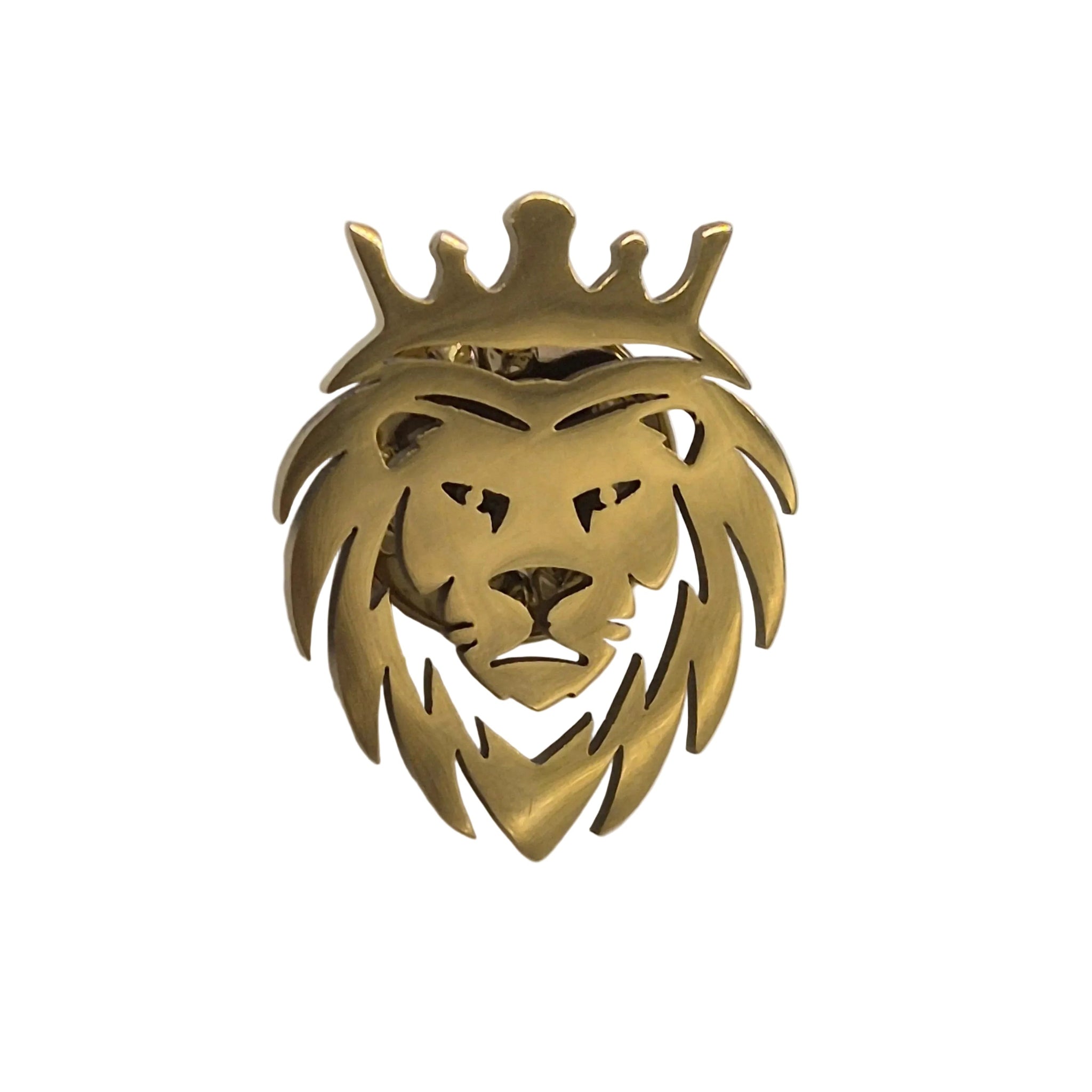 A gold lion head and crown pin brooch with a cutout design, displayed on a white background.