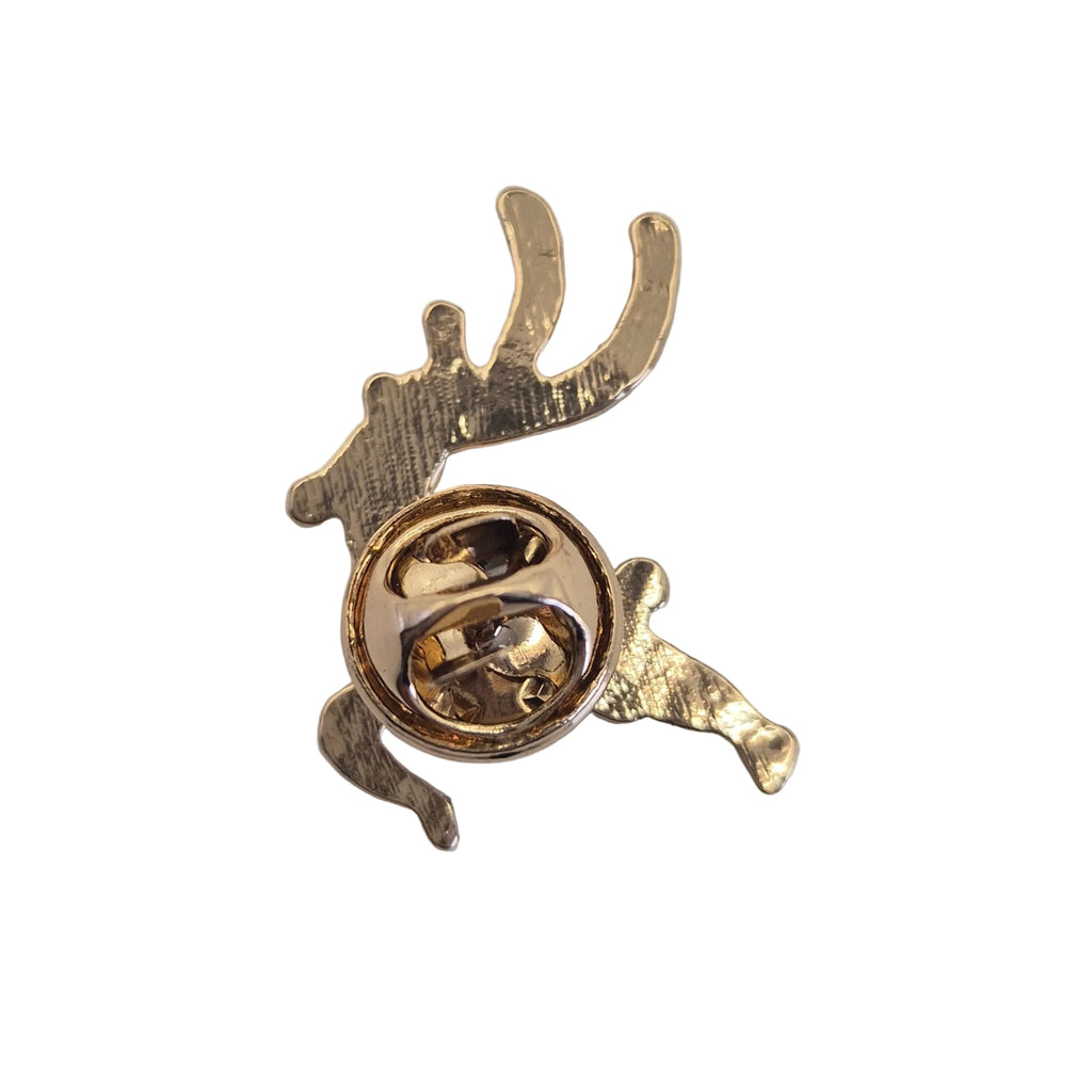 A gold-toned metal lapel pin shaped like a reindeer, showing the clasp mechanism on the underside, isolated on a white background.