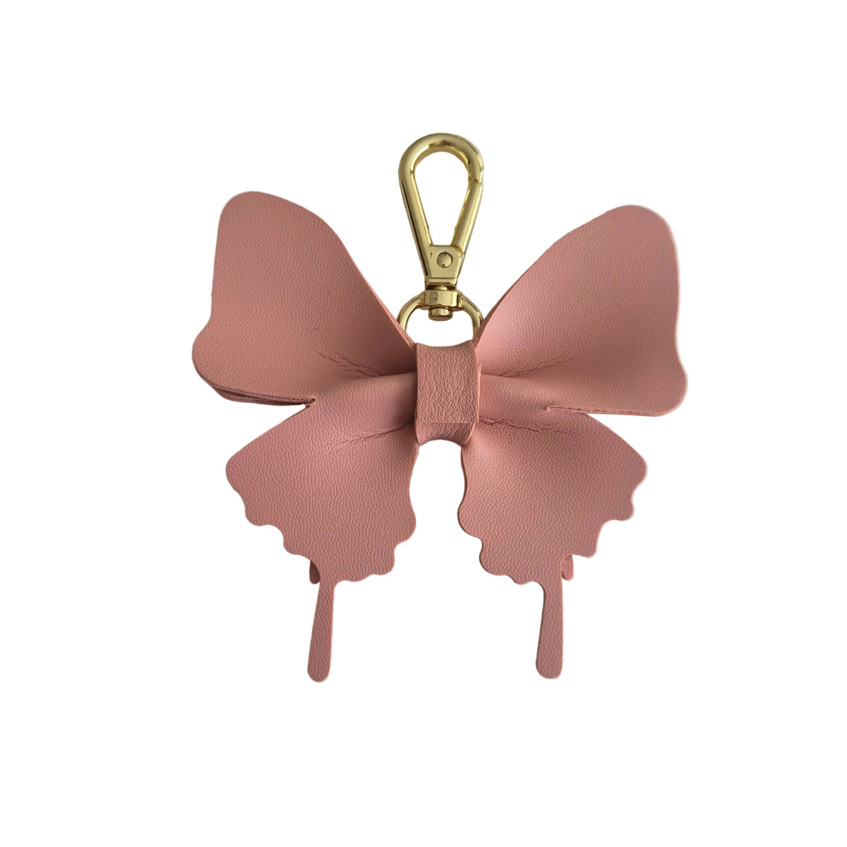 A pink butterfly-shaped keychain or bag charm with a gold-tone lobster clasp, photographed on a plain white background.