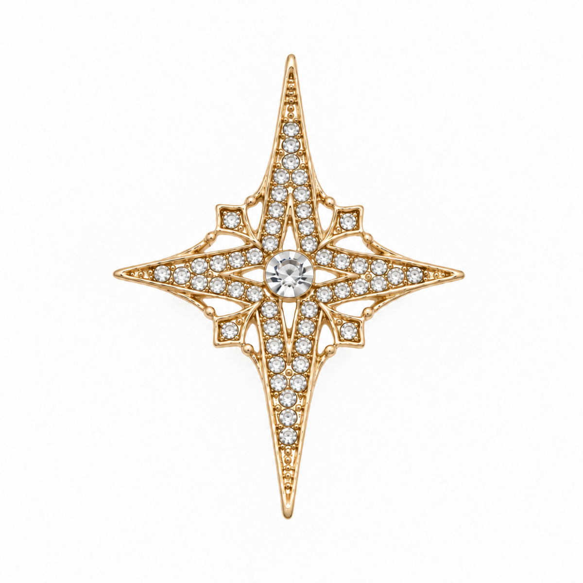 Gold tone four point star brooch with clear rhinestone detailing, displayed against a plain white background.