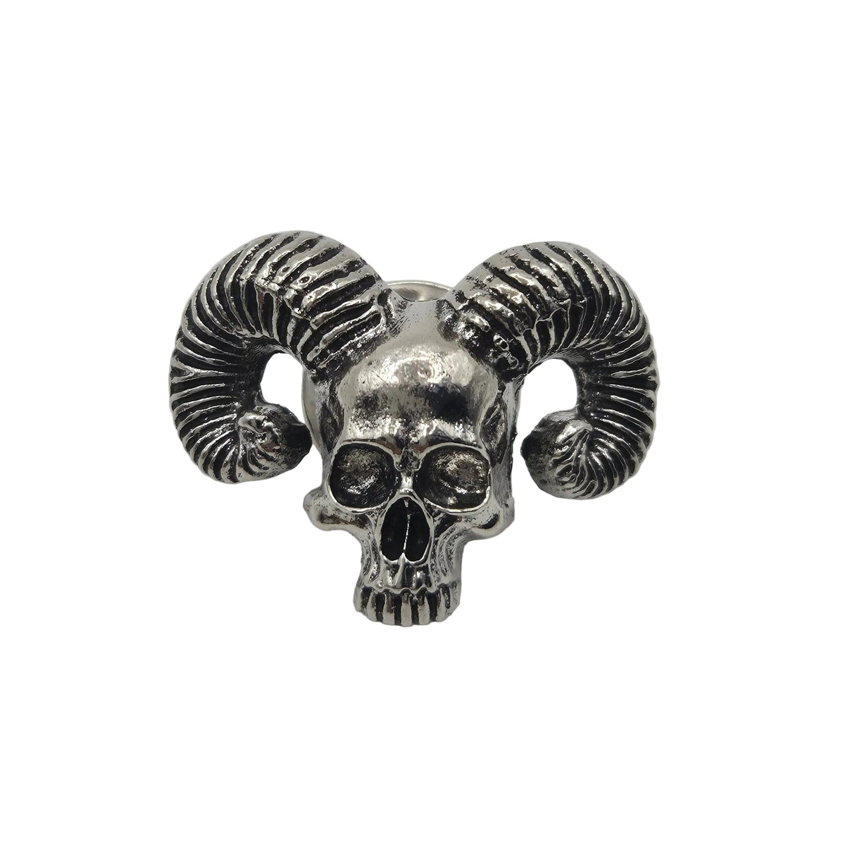 A metallic silver skull pin brooch with curved ram horns, shown against a plain white background.