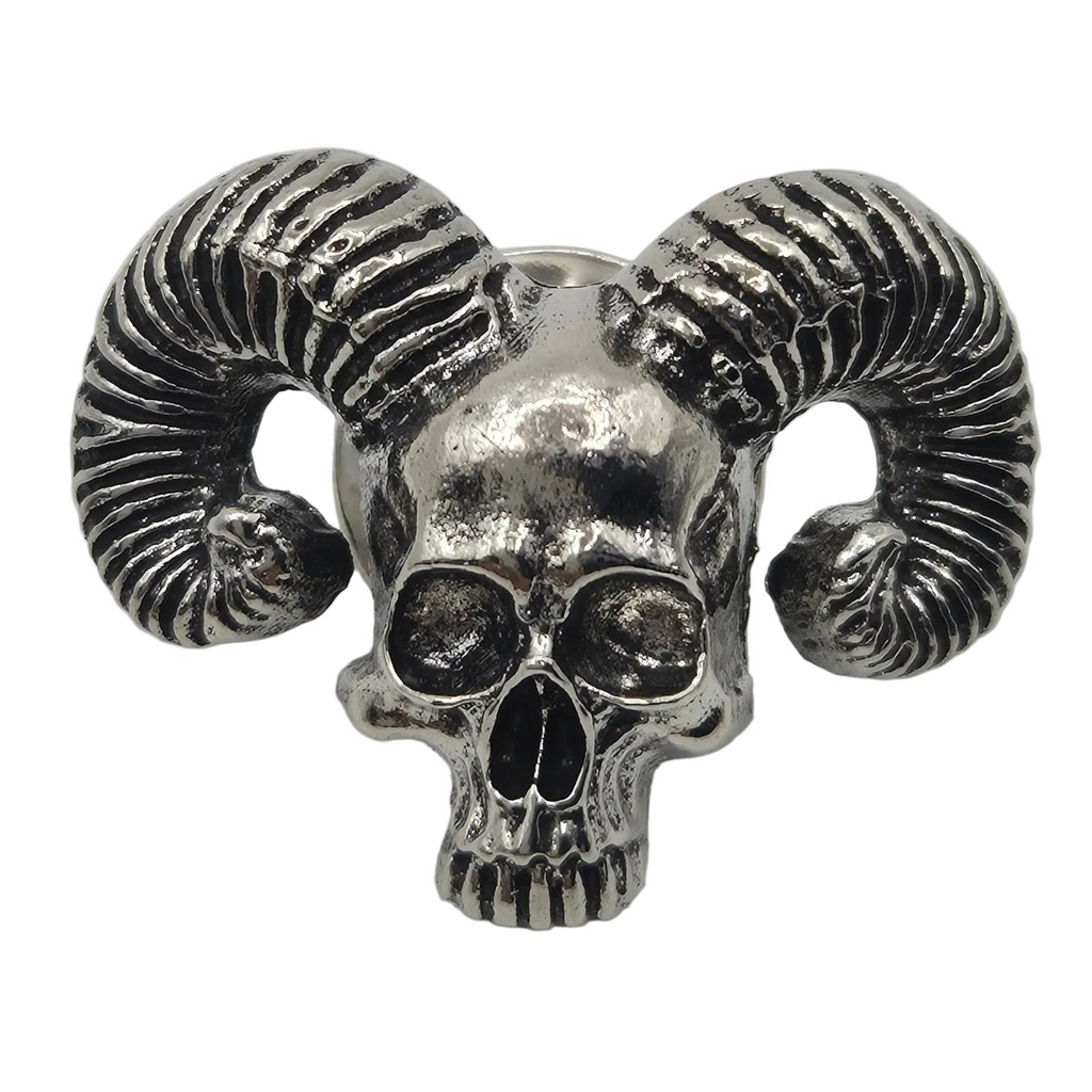 A metallic silver skull with curved ram horns, photographed against a plain white background.