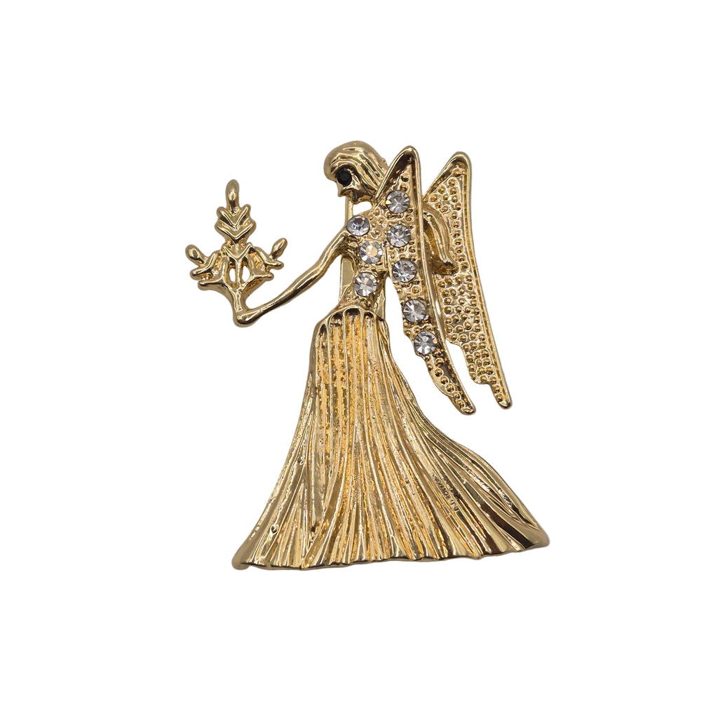 A gold tone Virgo zodiac sign brooch with rhinestone detailing. Displayed against a plain white background.