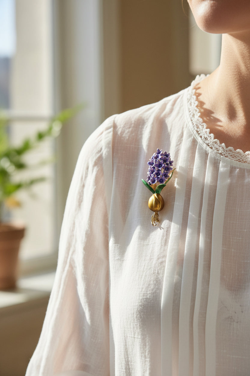 Purple Hyacinth Flower Brooch - purple hyacinth flower brooch with gold stem on grey background