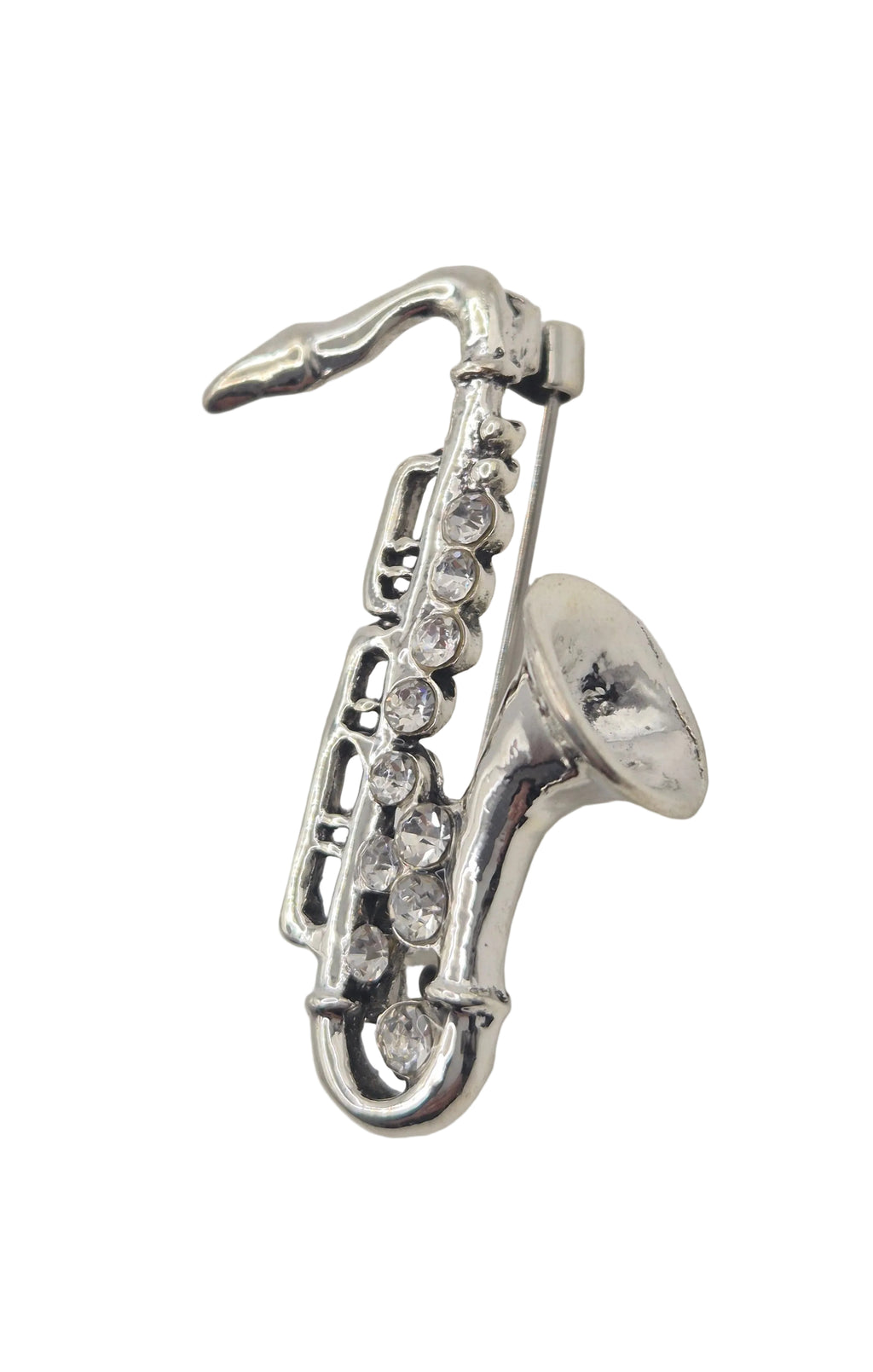 Silver Tone Metal Saxophone Brooch Rhinestone Detail Music Pin
