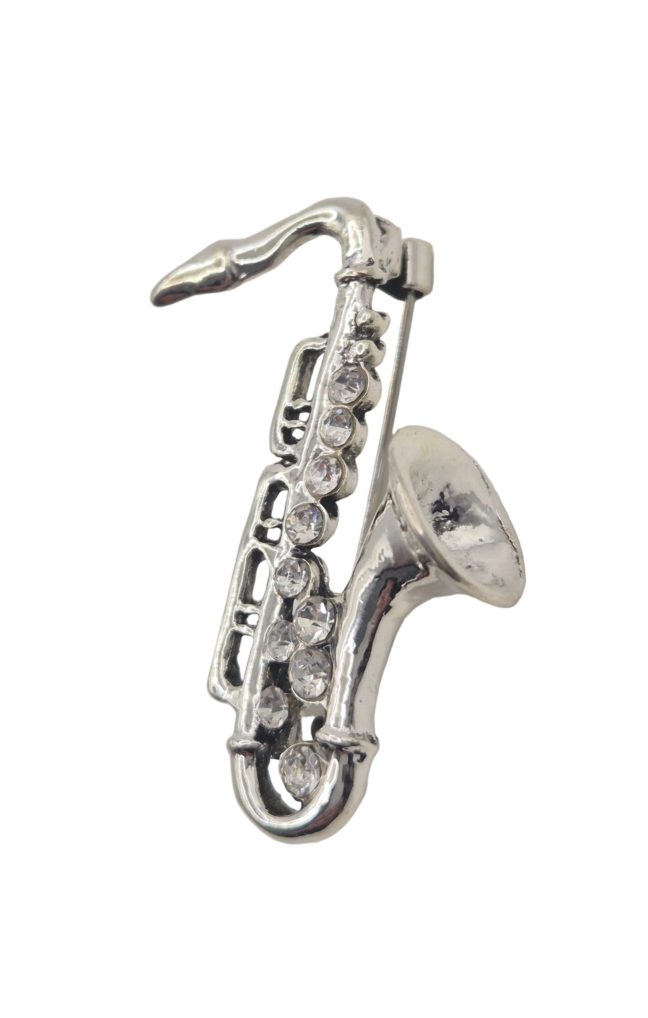 Silver Tone Metal Saxophone Brooch Rhinestone Detail Music Pin