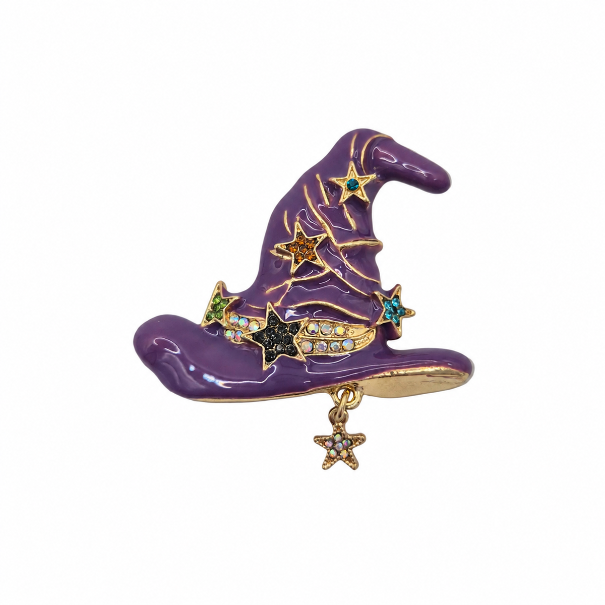 A purple witch hat brooch with gold-tone metal trim, decorated with gold, blue, green, and black star-shaped accents and a dangling gold star charm, shown on a plain white background.