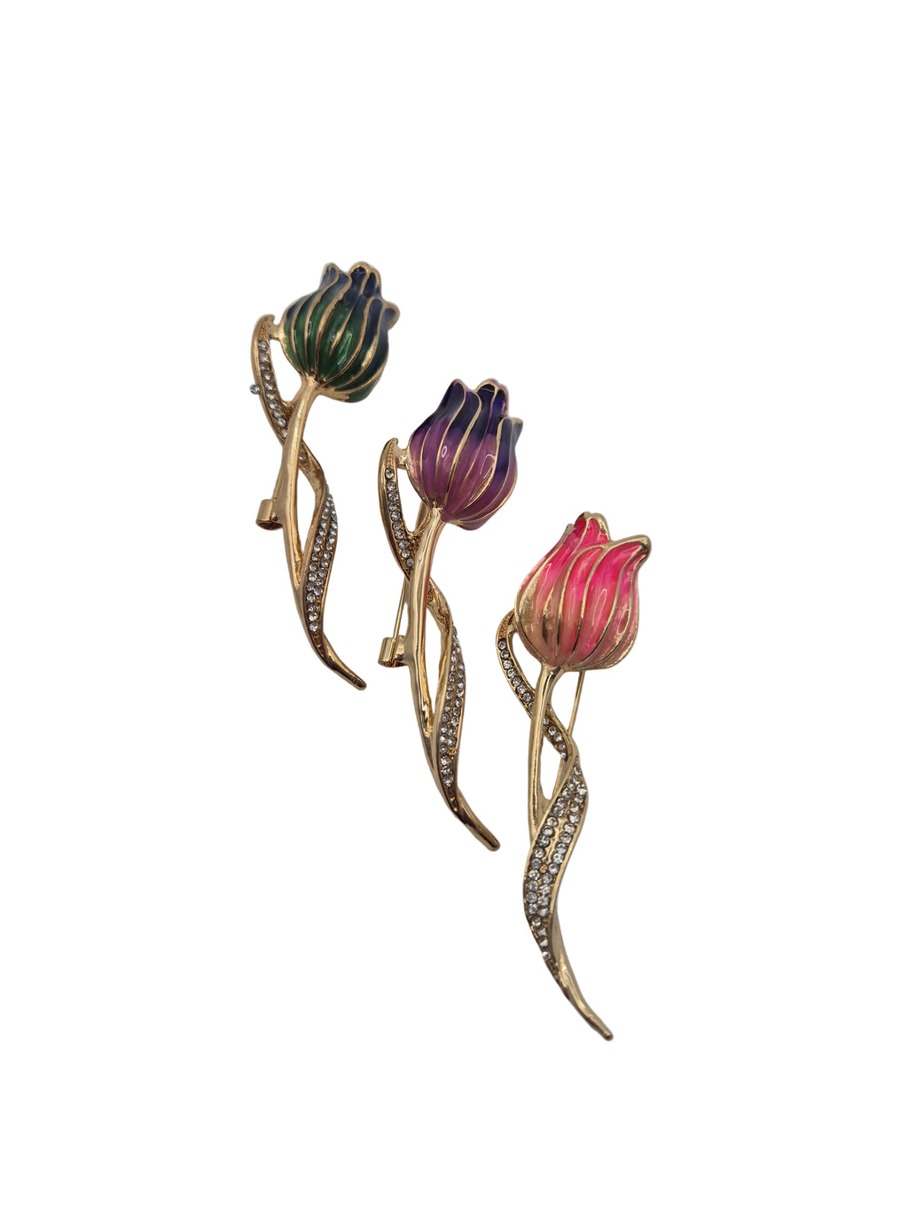 Decorative tulip brooch with floral design on a white background