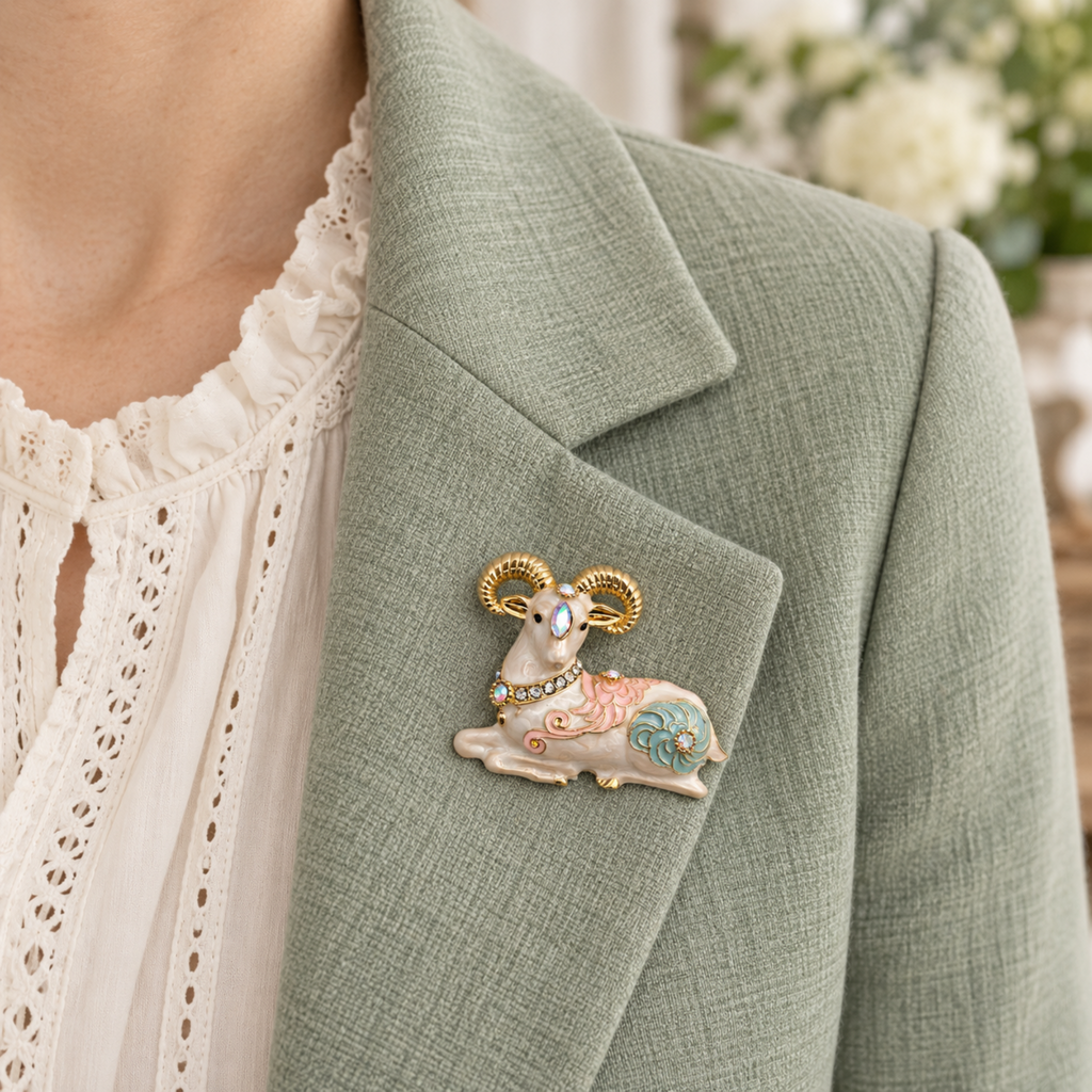 A close-up of a person wearing a sage green blazer over a white lace blouse, with a decorative ram brooch pinned to the lapel. The brooch features gold-toned horns and trim, a cream body, and pastel pink, blue, and green accents.