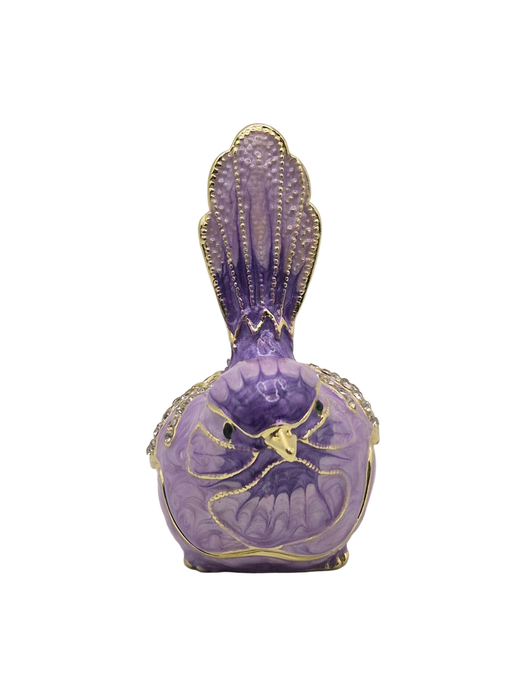 Purple bird trinket pot with gold accents on a white background