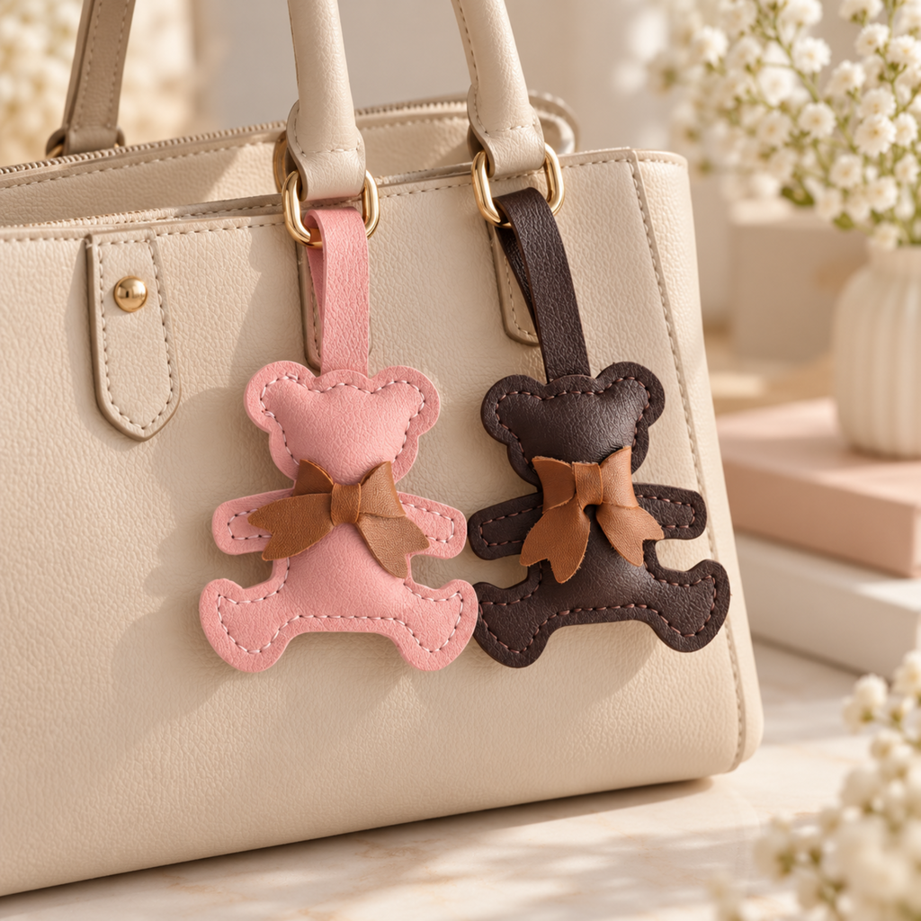 Two small teddy bear-shaped leather keychain charms hang from a cream handbag. One charm is light pink with a tan bow, and the other is dark brown with a tan bow.