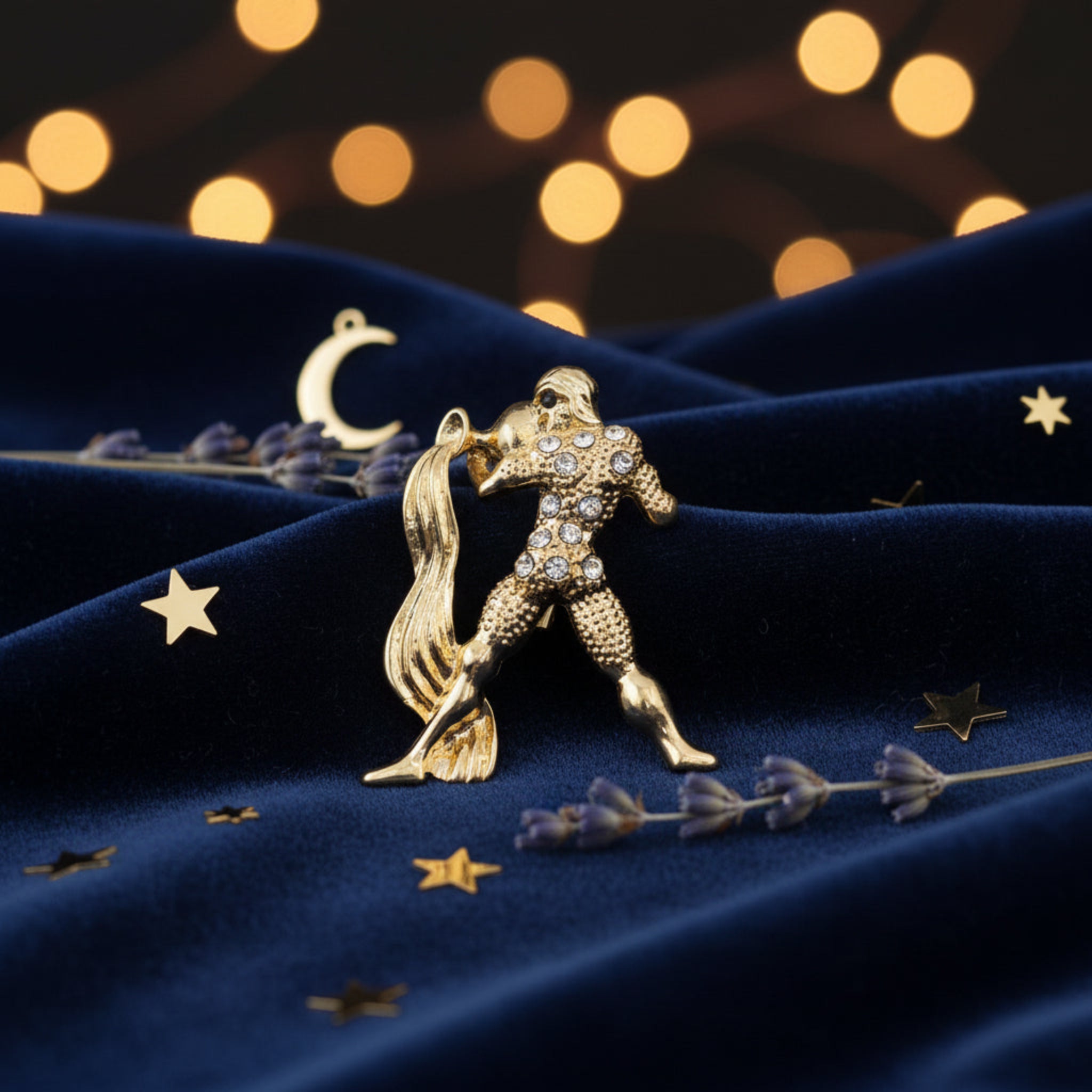 A gold-tone metal brooch depicting a Aquarius zodiac sign brooch adorned with clear rhinestones, shown on a celestial blue background.