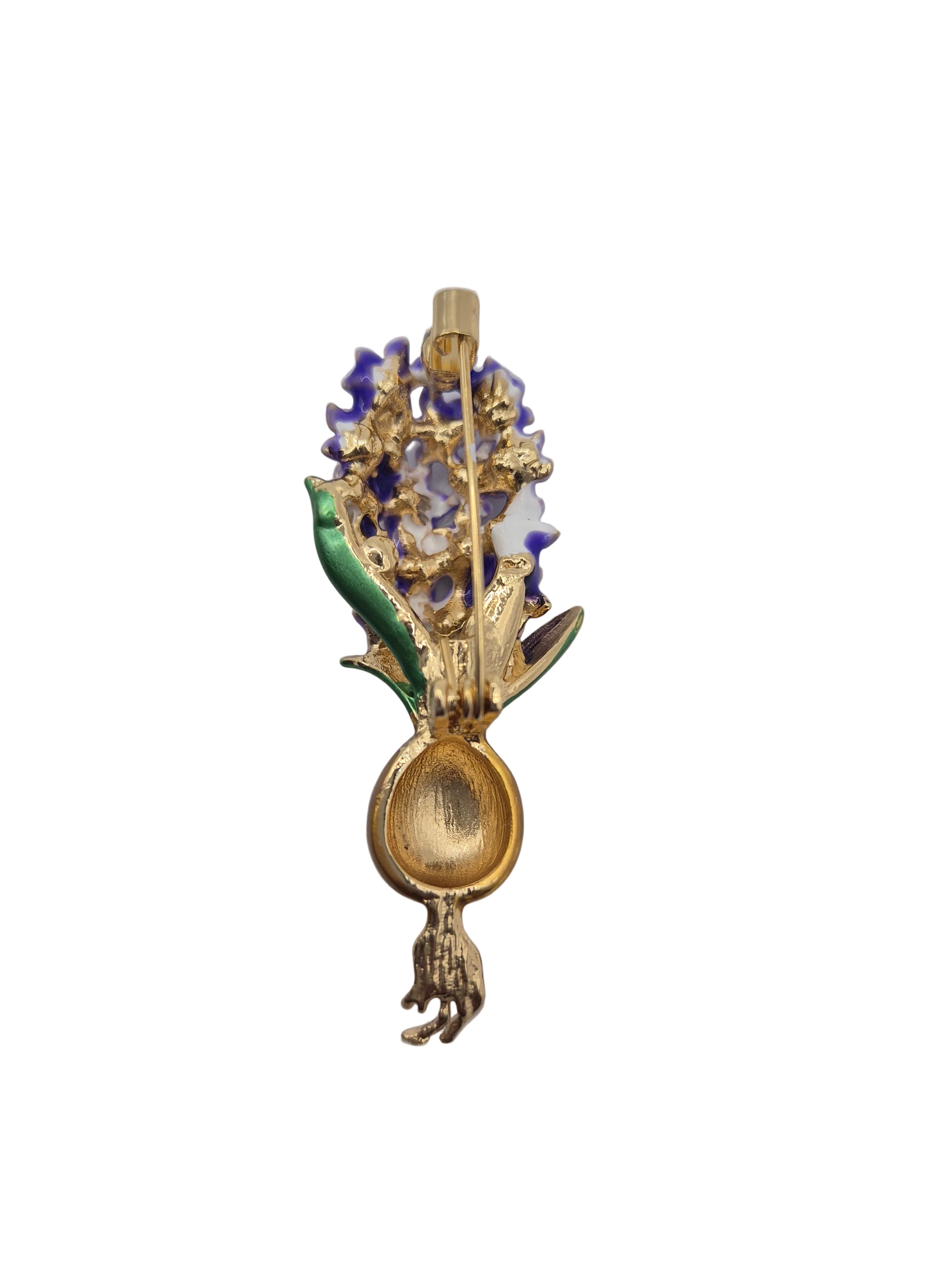 Purple Hyacinth Flower Brooch - gold floral hyacinth brooch on grey background