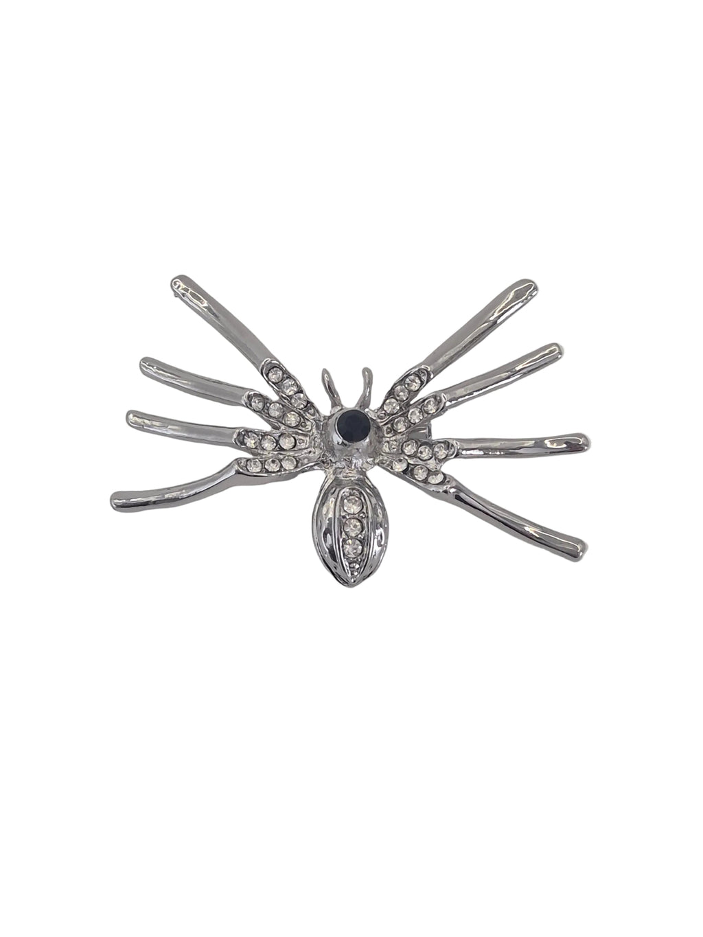 A silver spider-shaped brooch embellished with clear rhinestones and a central black stone, shown on a plain white background.