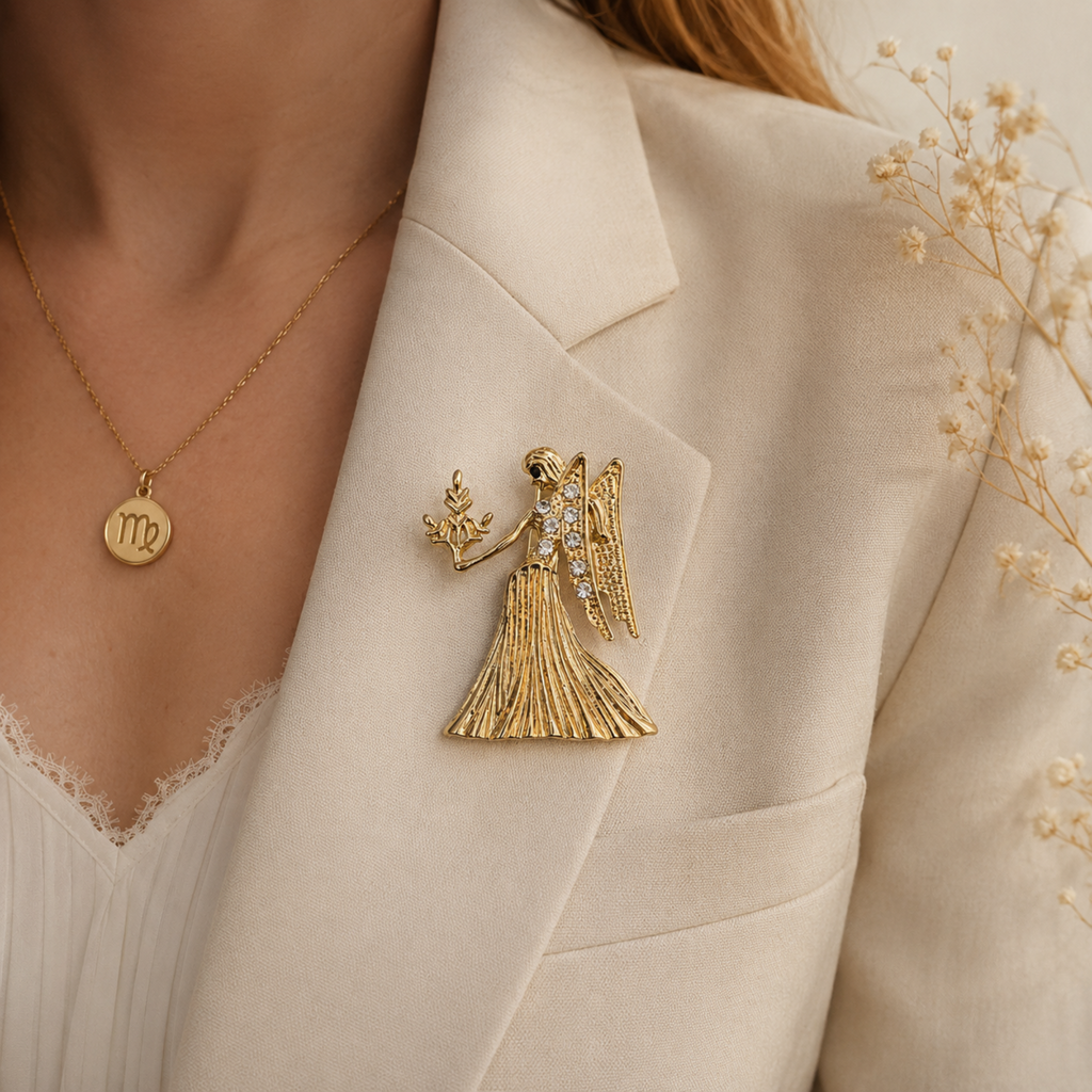 A gold tone Virgo zodiac sign brooch with rhinestone detailing, pinned to a cream-coloured blazer. The image is a close-up lifestyle shot featuring a gold necklace with a Libra zodiac sign pendant.