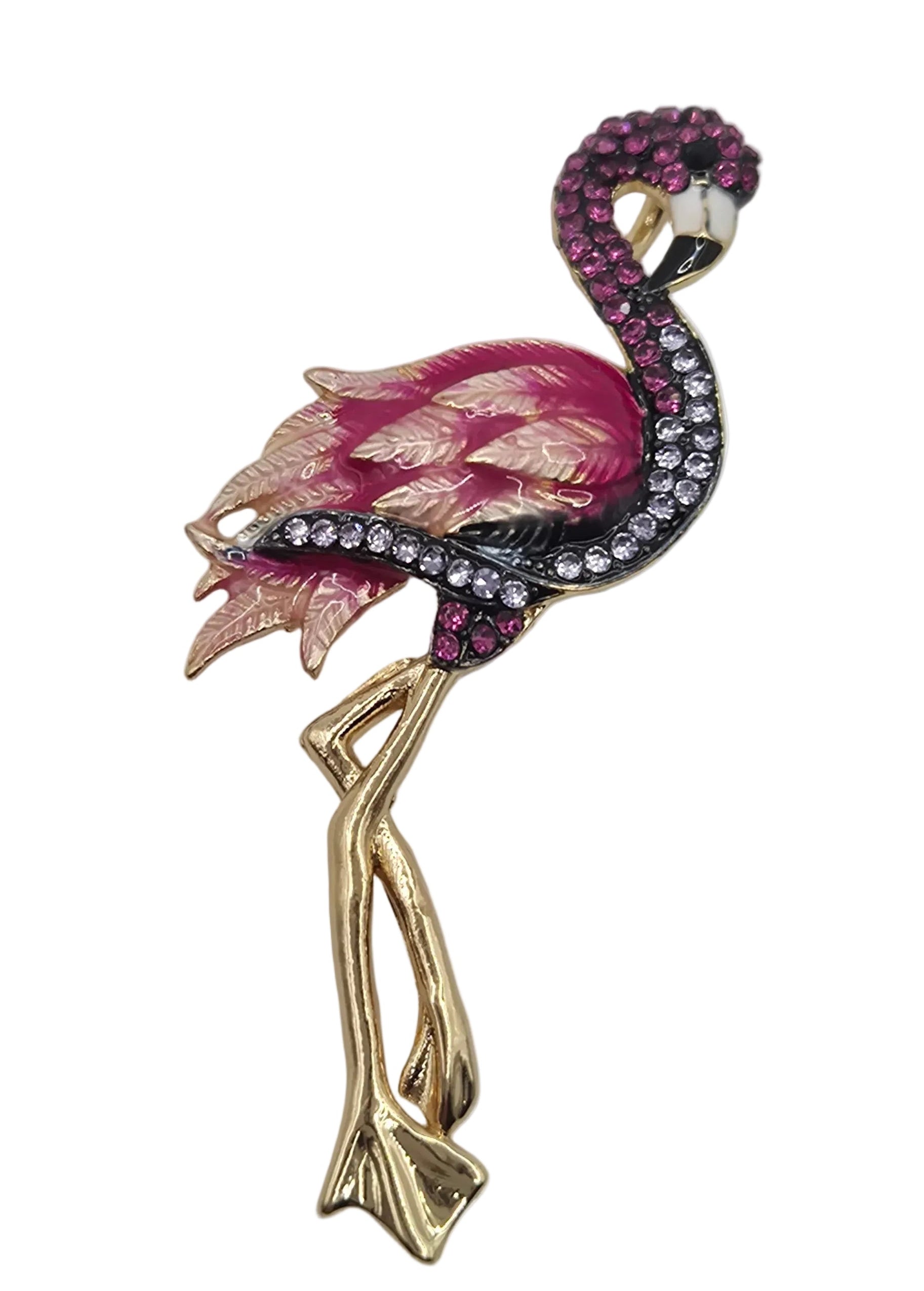 Pink flamingo brooch with rhinestone detail