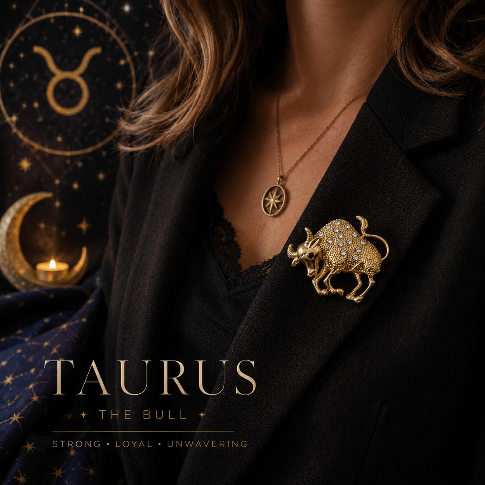A close-up of a person wearing a gold Taurus bull brooch pinned to a black blazer, with a matching gold pendant necklace visible. The background is dark and celestial, featuring the Taurus zodiac symbol, stars, a crescent moon, and a candle, with the text 'TAURUS THE BULL' and 'STRONG • LOYAL • UNWAVERING'.