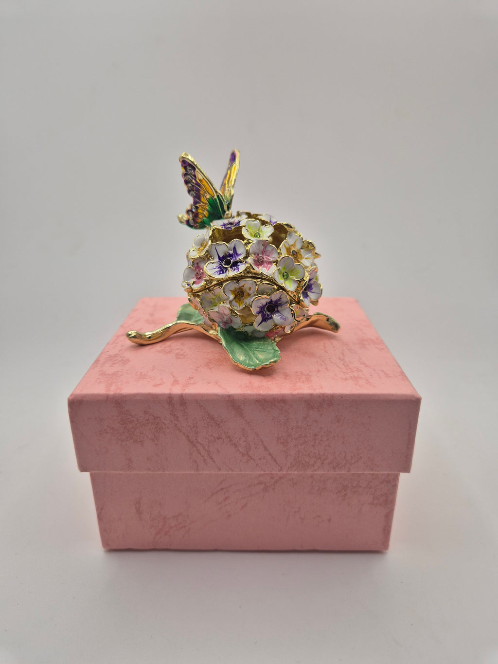 hydrangea flower and butterfly trinket pot in box