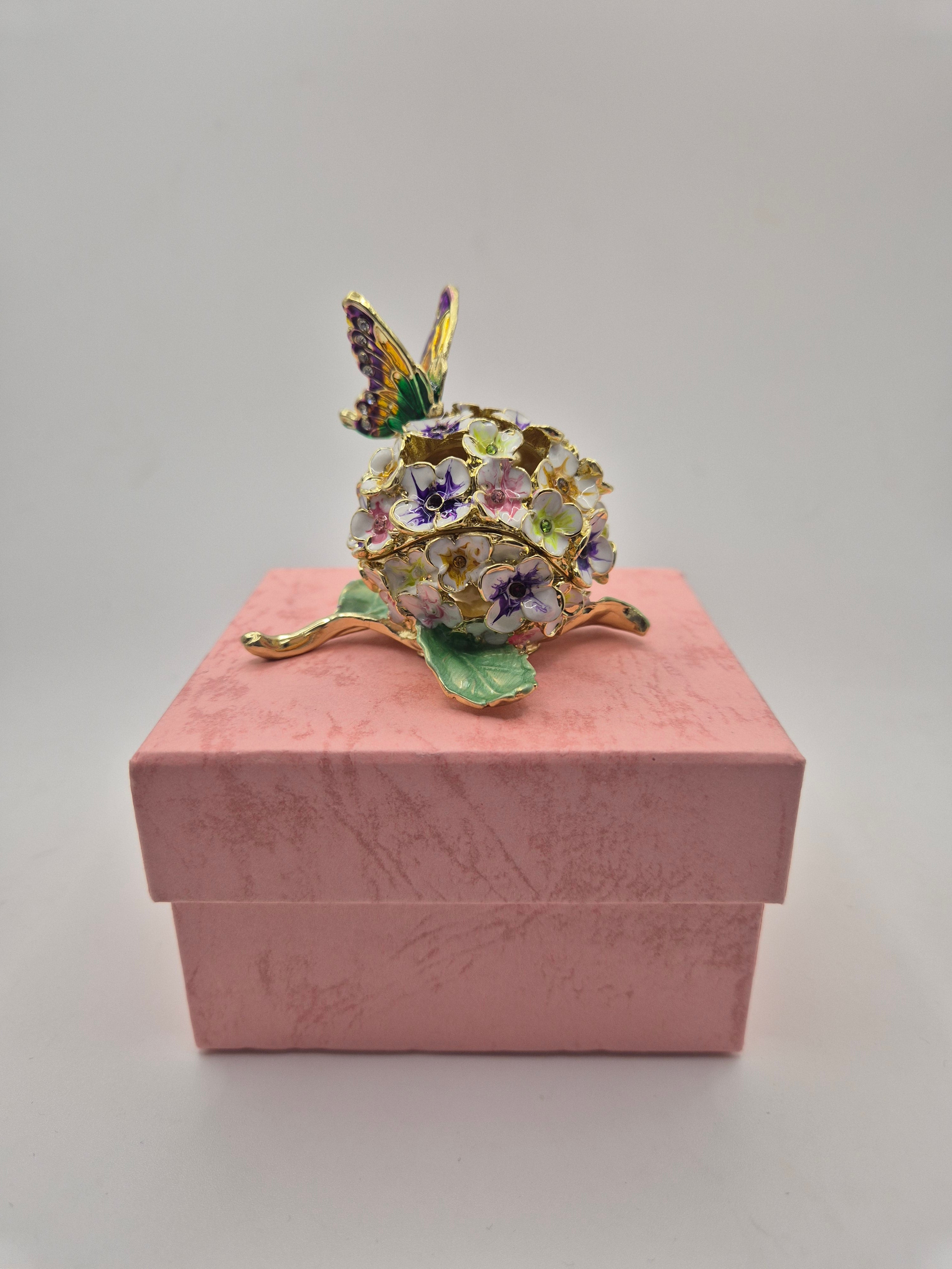 hydrangea flower and butterfly trinket pot in box