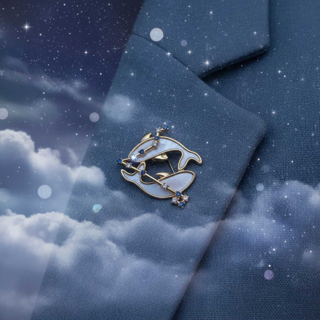 Pisces fish brooch with blue and clear rhinestone star constellation displayed of lapel of a soft blue jacket with celestial atmosphere.