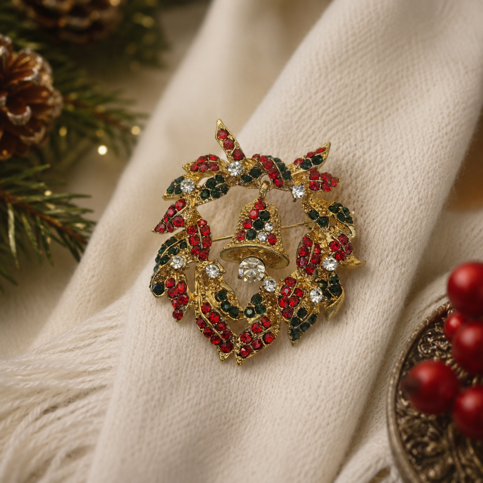 Gold-tone Christmas wreath brooch with red and green crystals, sparkling rhinestones and a festive bell centre, styled on soft cream knit fabric with seasonal greenery.