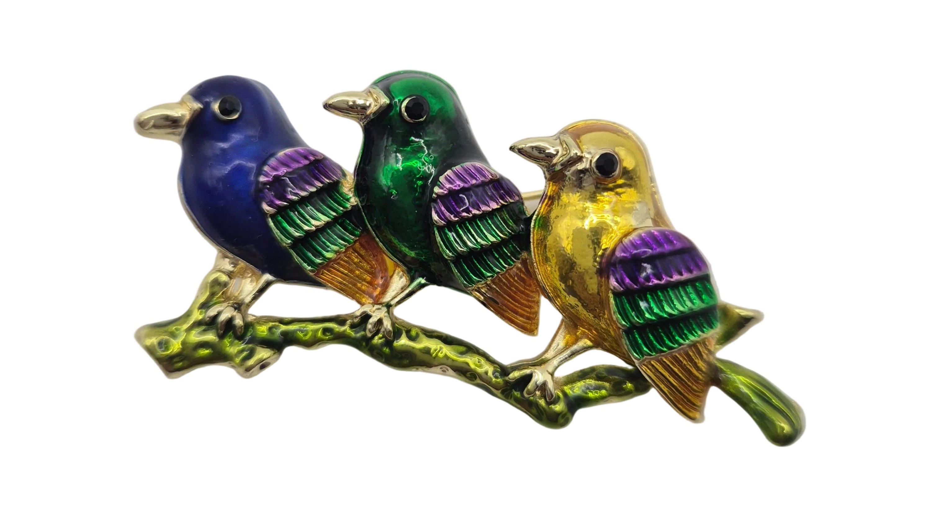 3 Birds on Branch Brooch - colourful bird figurines perched on a branch