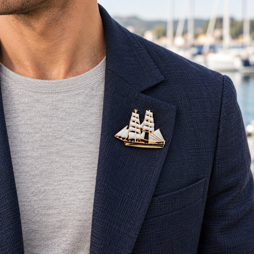 A close-up of a man wearing a navy blazer over a light gray t-shirt, featuring a detailed gold and white sailing ship lapel pin on his chest.