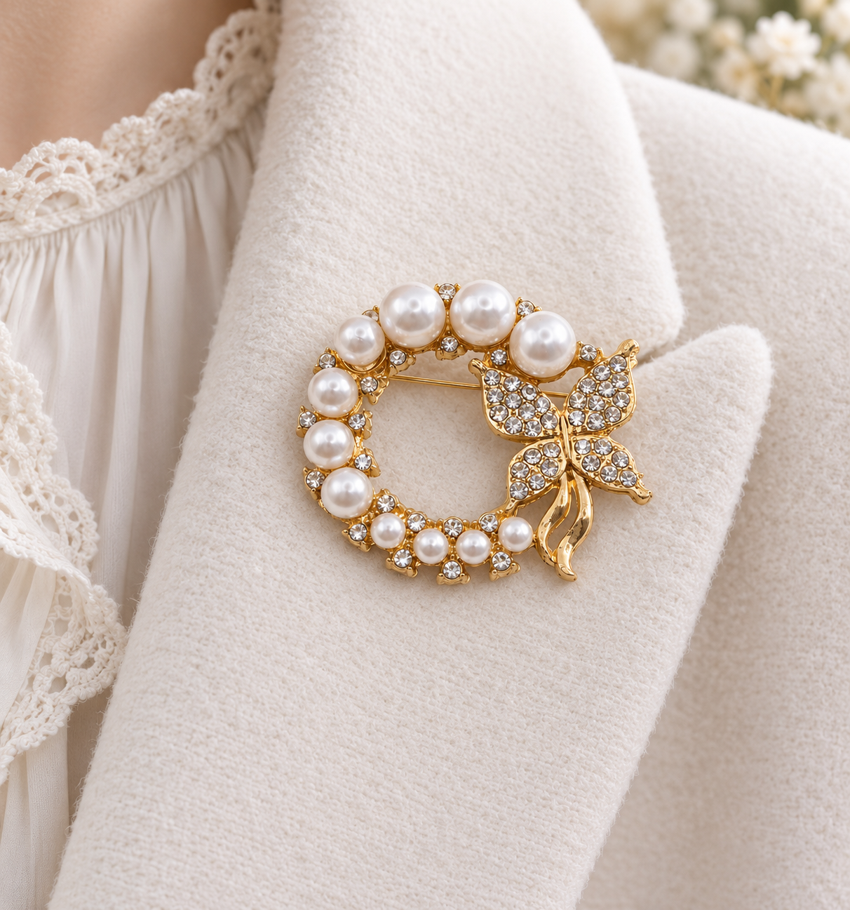 A gold-tone brooch featuring a circular pearl wreath and a butterfly embellished with clear crystals, pinned onto a cream-colored textured jacket.