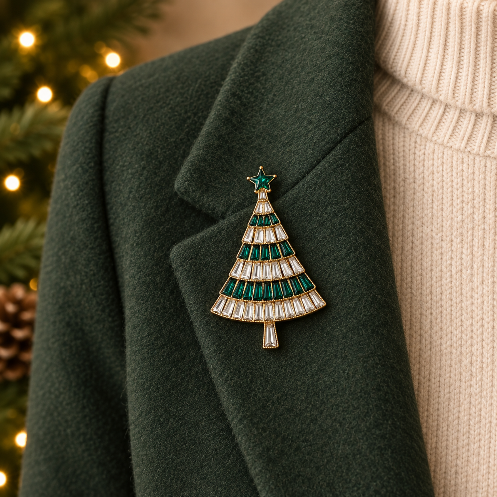 A Christmas tree-shaped enamel pin with green and clear rhinestones on a gold-tone base, pinned to a dark green coat worn over a cream sweater, with a blurred holiday tree in the background.