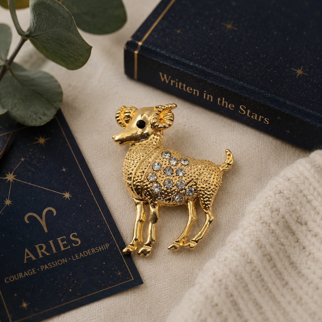 Gold Aries ram zodiac brooch with sparkling crystal details displayed on soft beige linen alongside celestial-inspired props, including an Aries constellation card and star-themed book, creating an elegant astrology-themed lifestyle image.