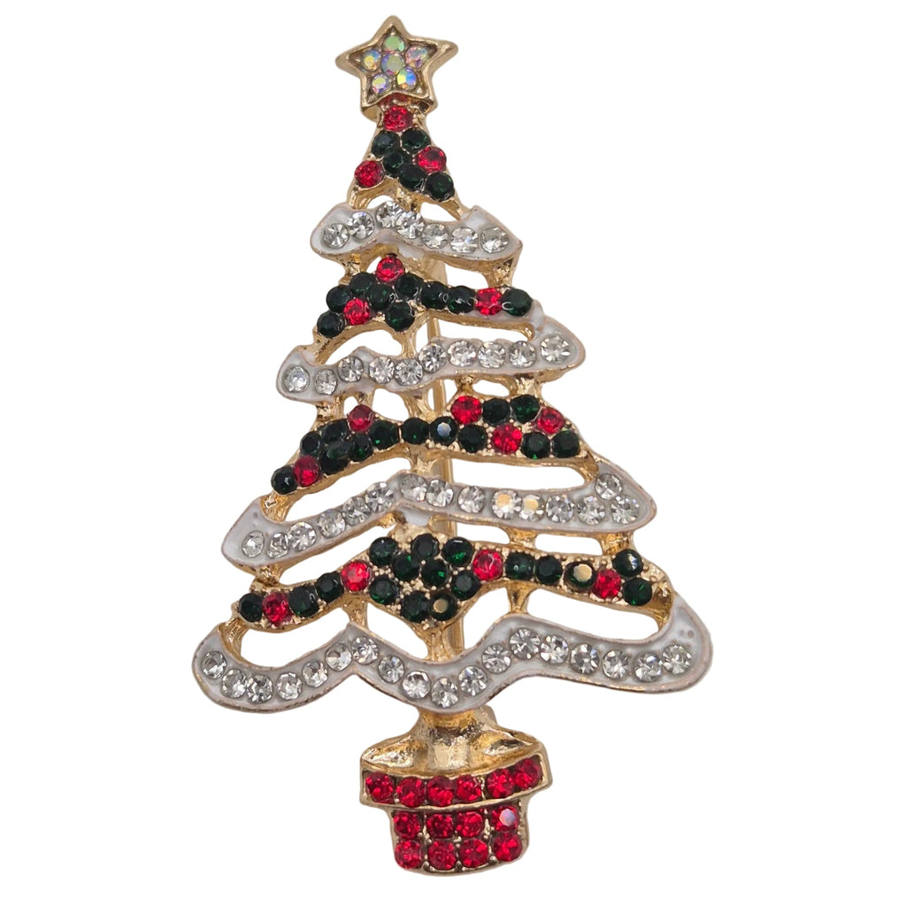 A gold Christmas tree brooch decorated with clear rhinestones, black and red rhinestones, and a small gold star on top, set against a plain white background.
