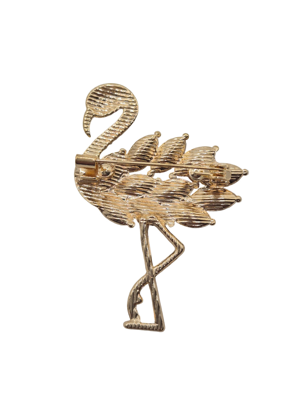 Pink Flamingo Brooch - gold tone flamingo brooch on grey background