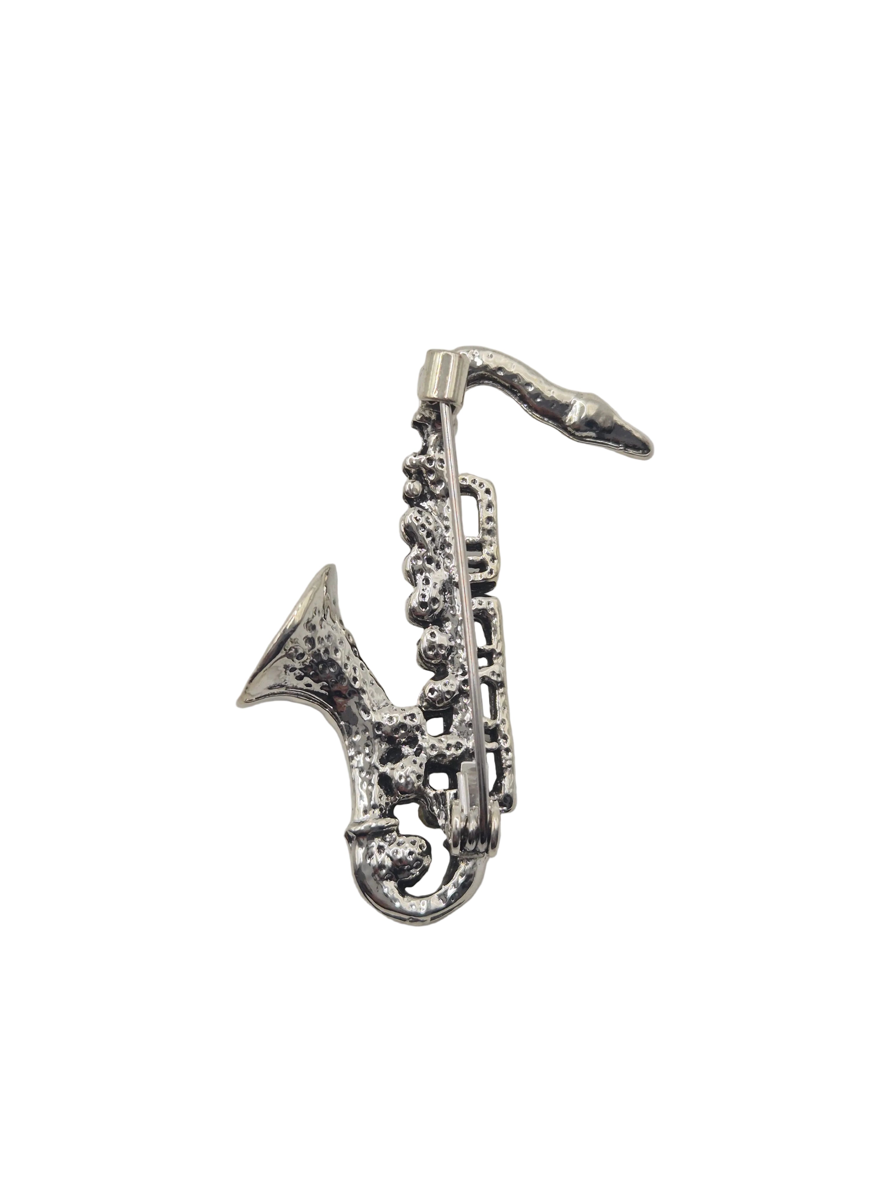 Silver Tone Metal Saxophone Brooch Rhinestone Detail Music Pin