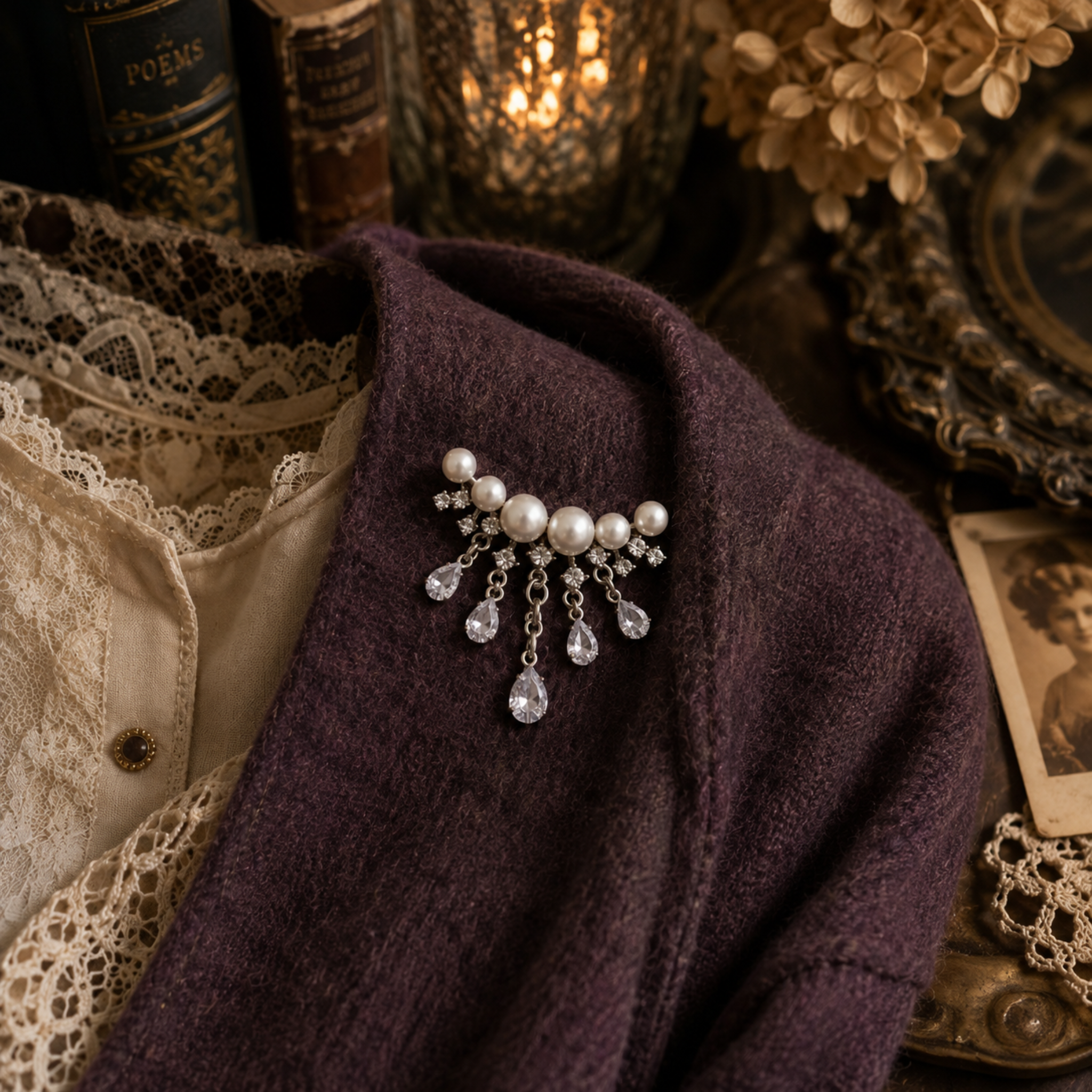 A pearl and crystal brooch with silver-toned metal details, styled on a dark plum knit sweater with lace and vintage props in the background.