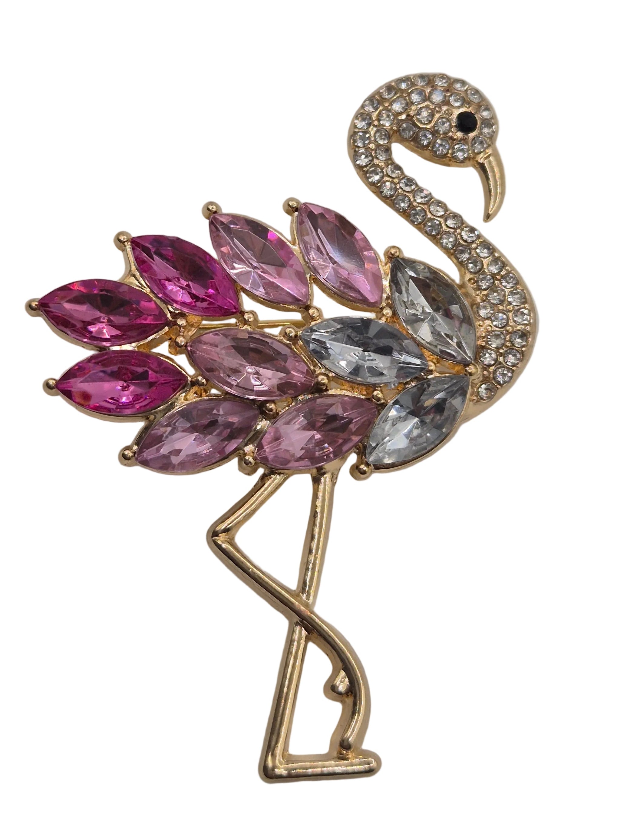 Pink Flamingo Brooch - pink rhinestone flamingo brooch on grey background