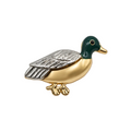 A metal duck pin brooch with a gold body and legs, a silver textured wing, and a dark green head, shown on a plain white background.