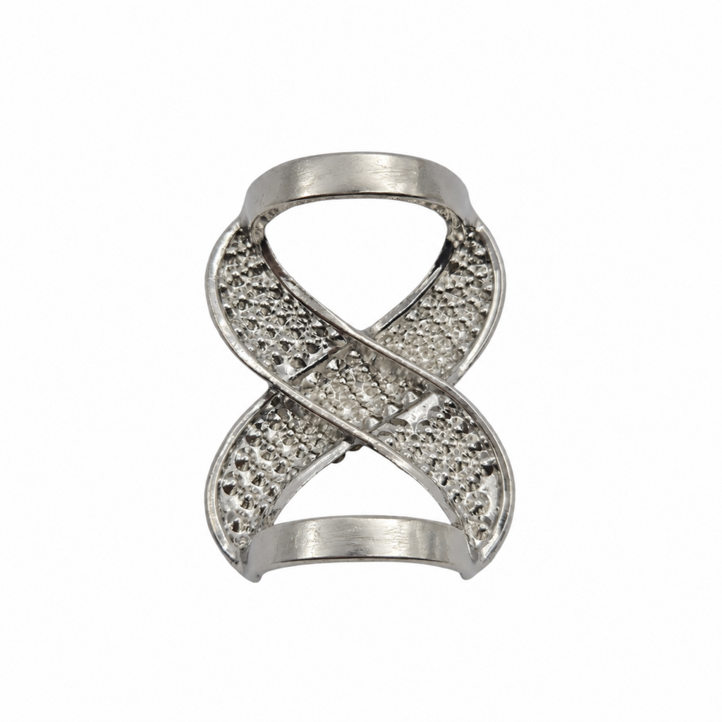 A silver-toned scarf ring featuring an open, interlocking X-shaped design showing the reverse side against a plain white background.