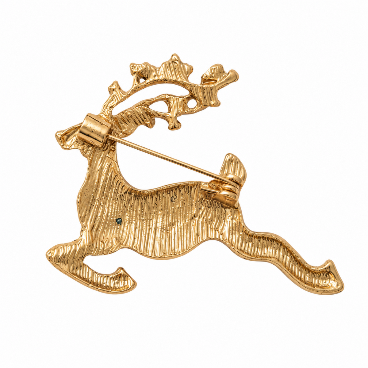 A gold-toned metal reindeer pin with textured detailing and a visible safety pin mechanism, shown on a plain white background.