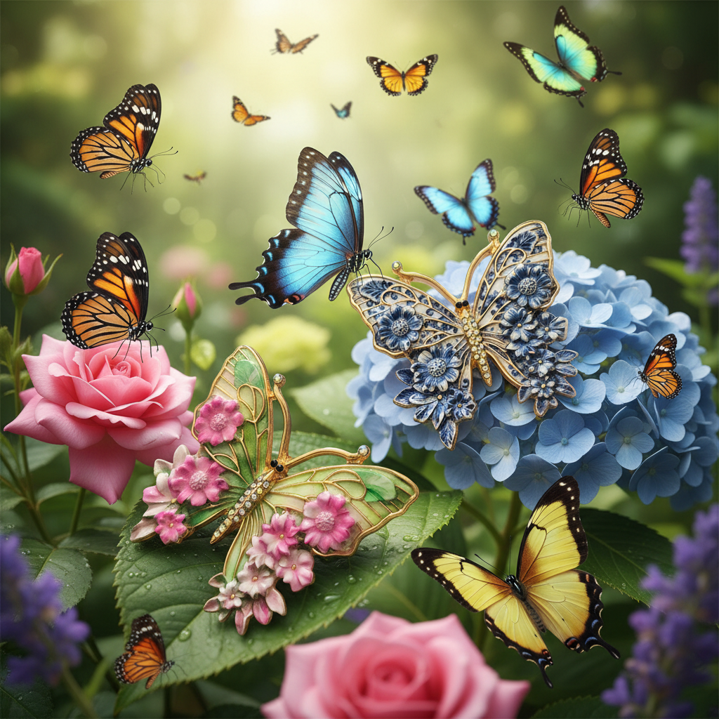 2 Floral butterfly brooches set against a background of flowers ad real butterflies.
